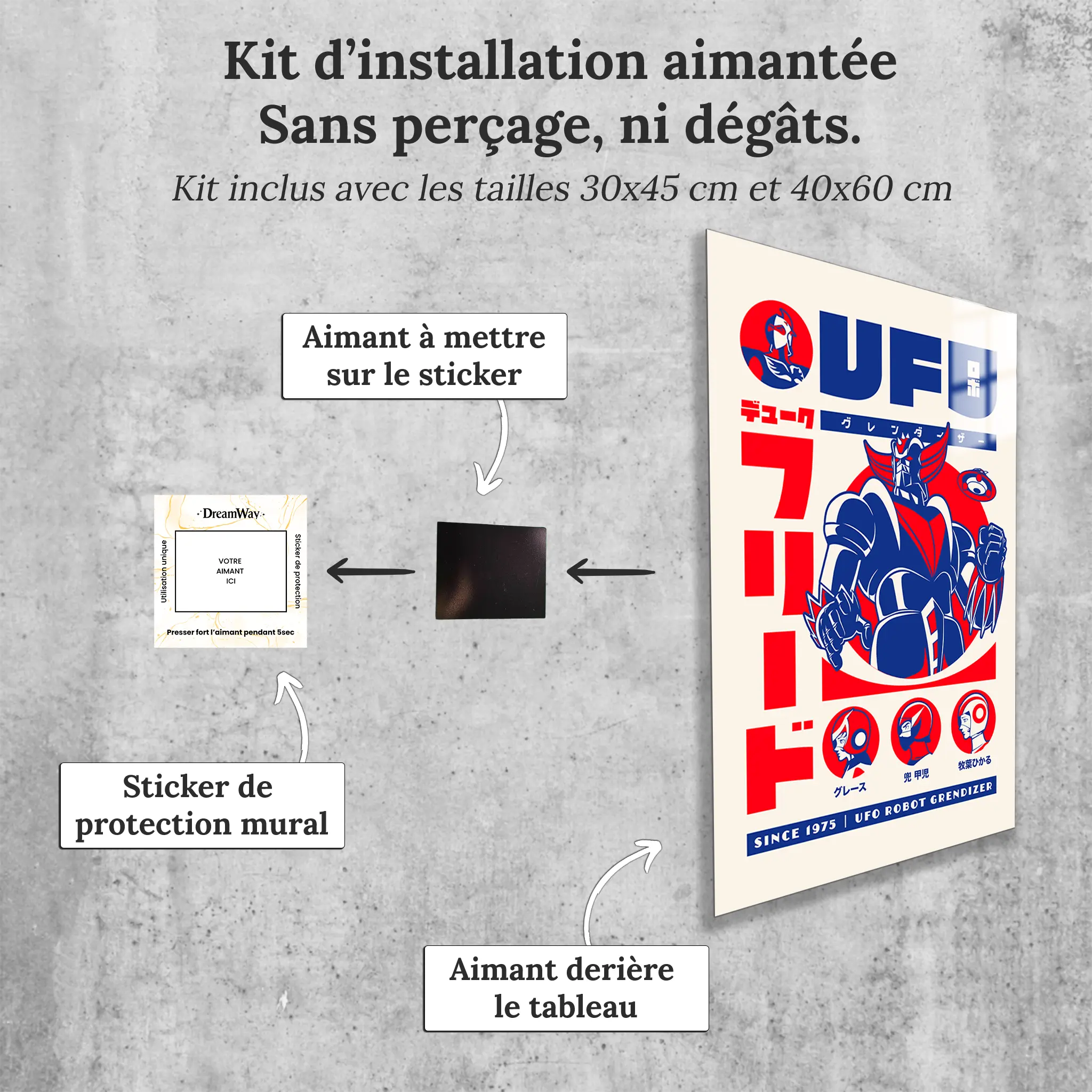 tableau-goldorak-retro-blanc-avec-installation-aimantee | DreamWay