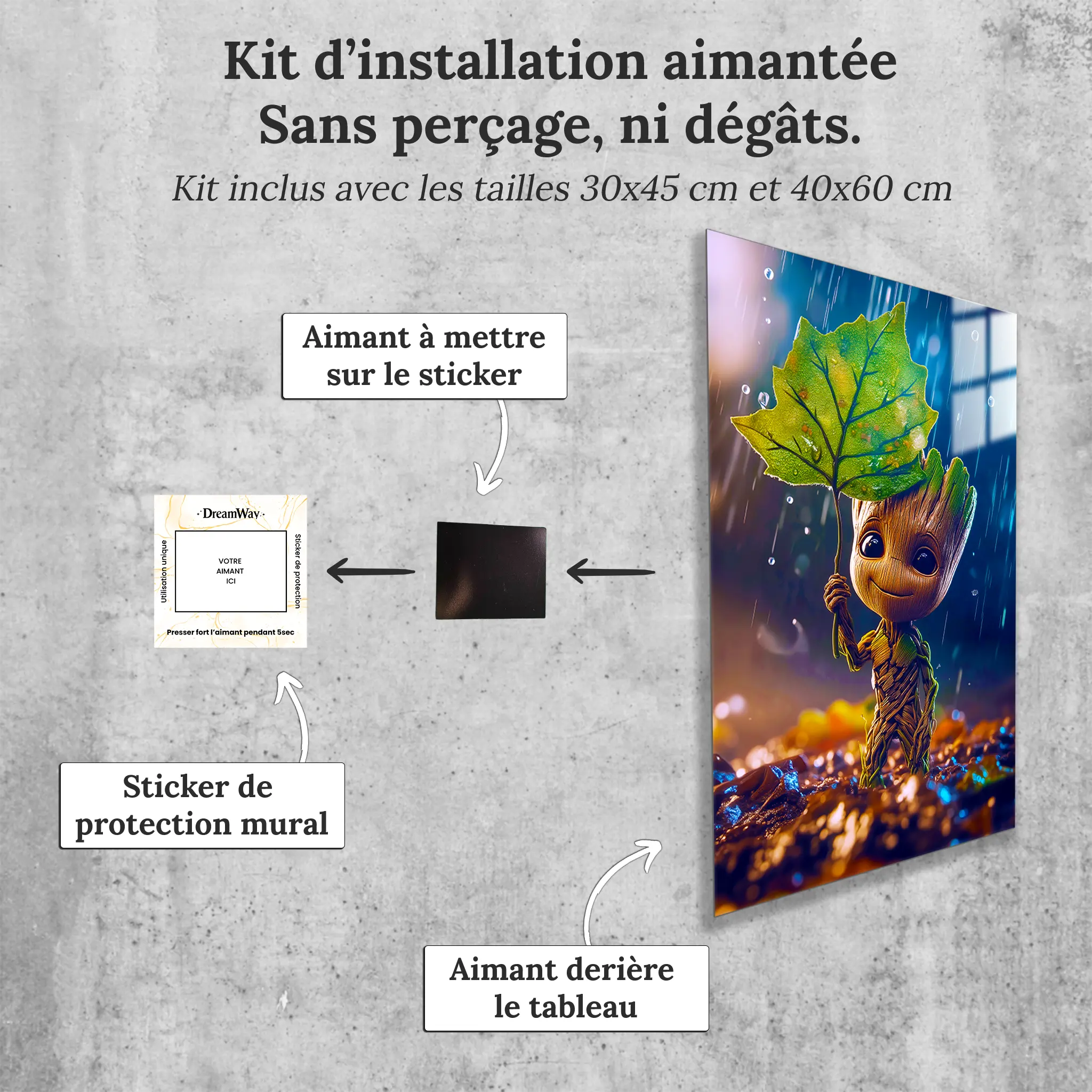 tableau-groot-sous-la-pluie-avec-installation-aimantee | DreamWay