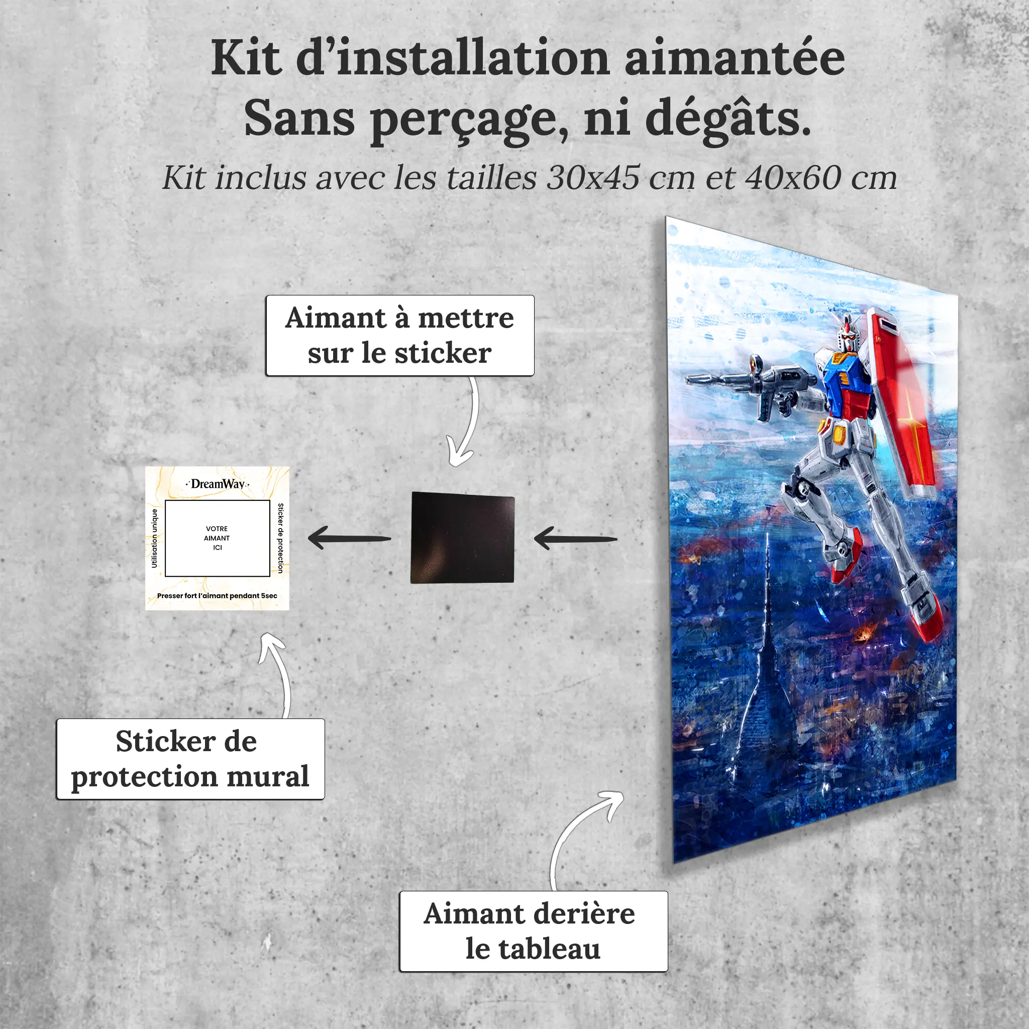 tableau-gundam-turin-en-vol-avec-installation-aimantee | DreamWay