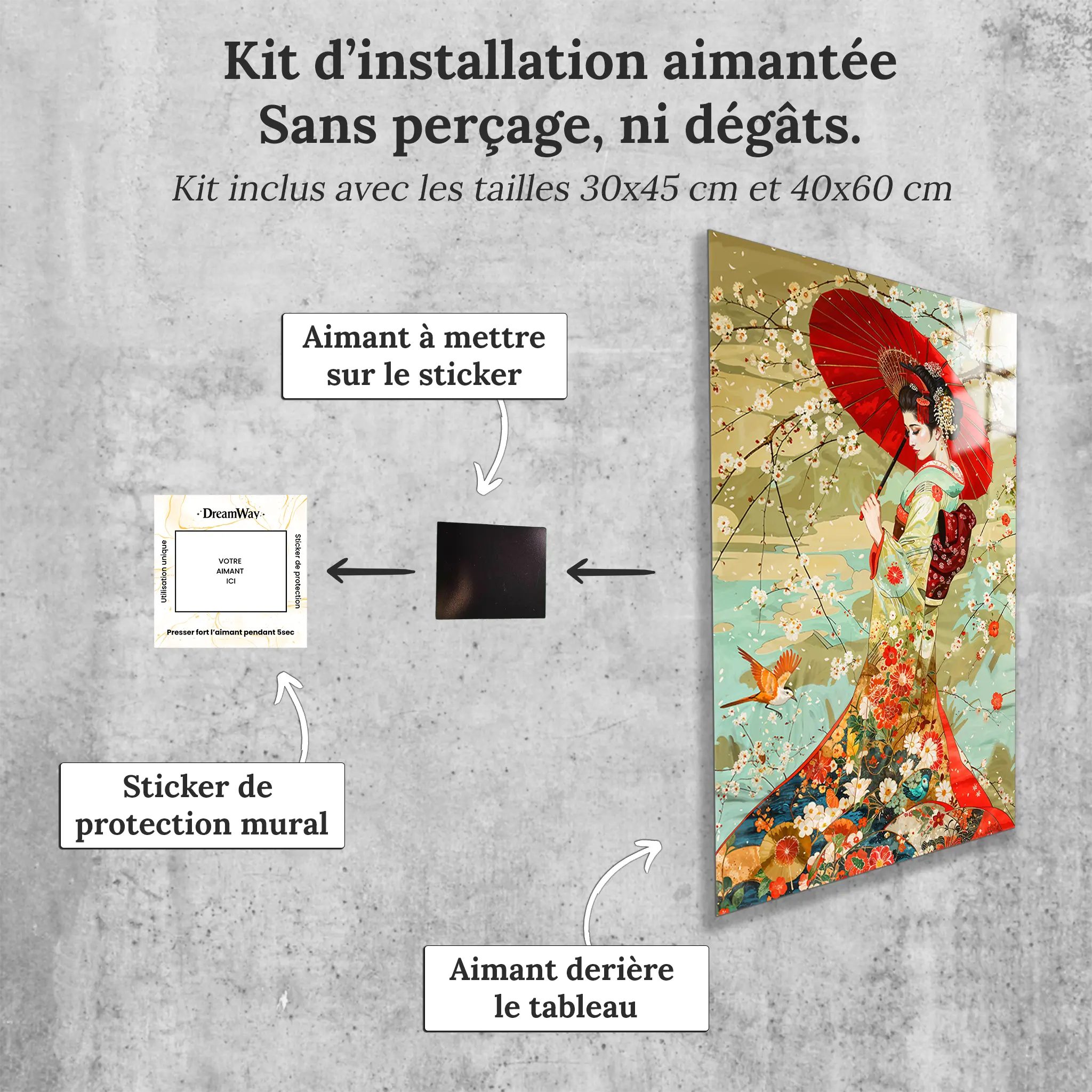tableau-japonais-cerisier-geisha-avec-installation-aimantee | DreamWay