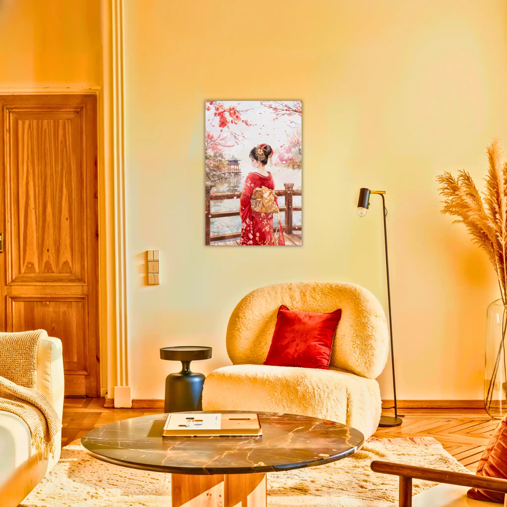 tableau-japonais-femme-kimono-rouge-au-salon | DreamWay