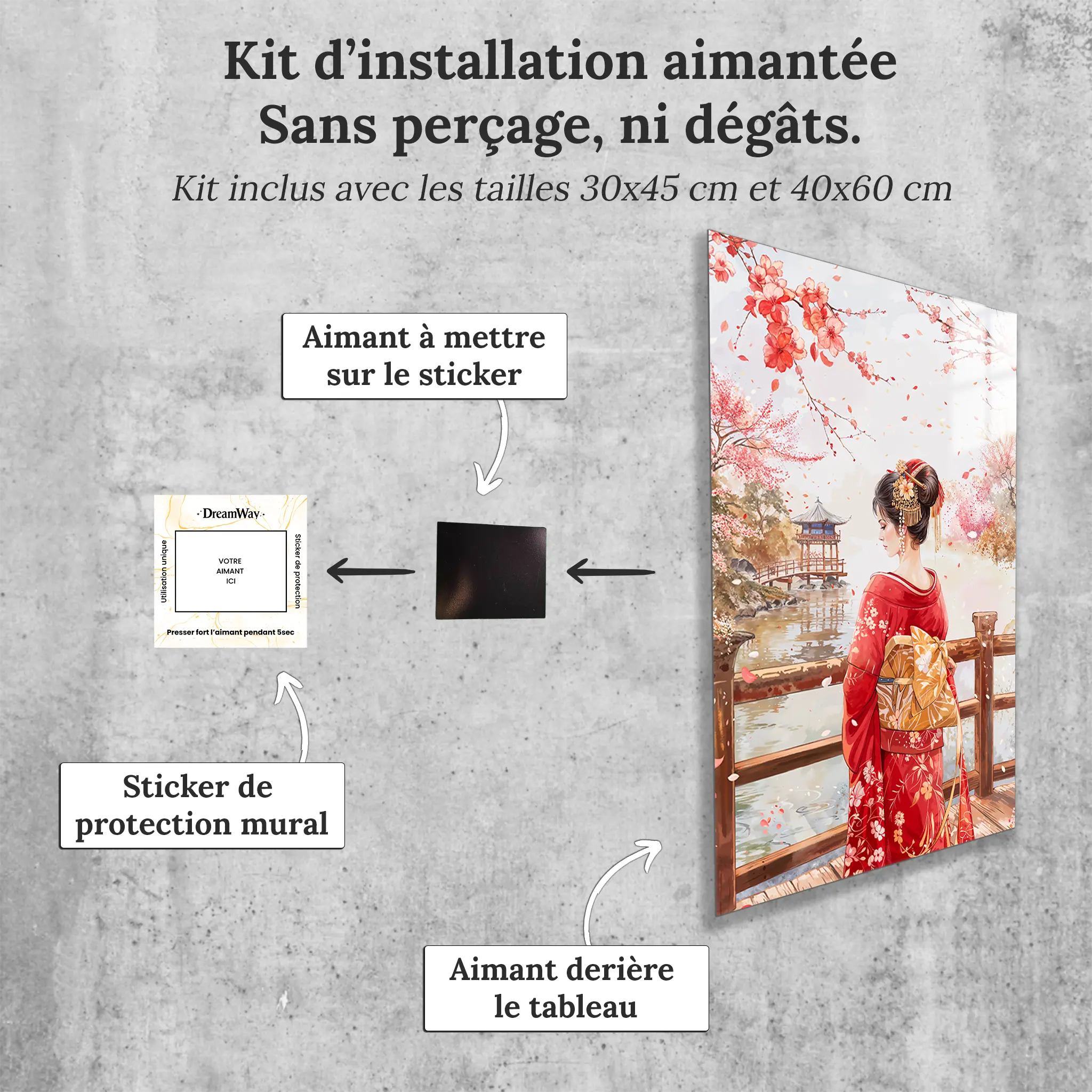 tableau-japonais-femme-kimono-rouge-avec-installation-aimantee | DreamWay