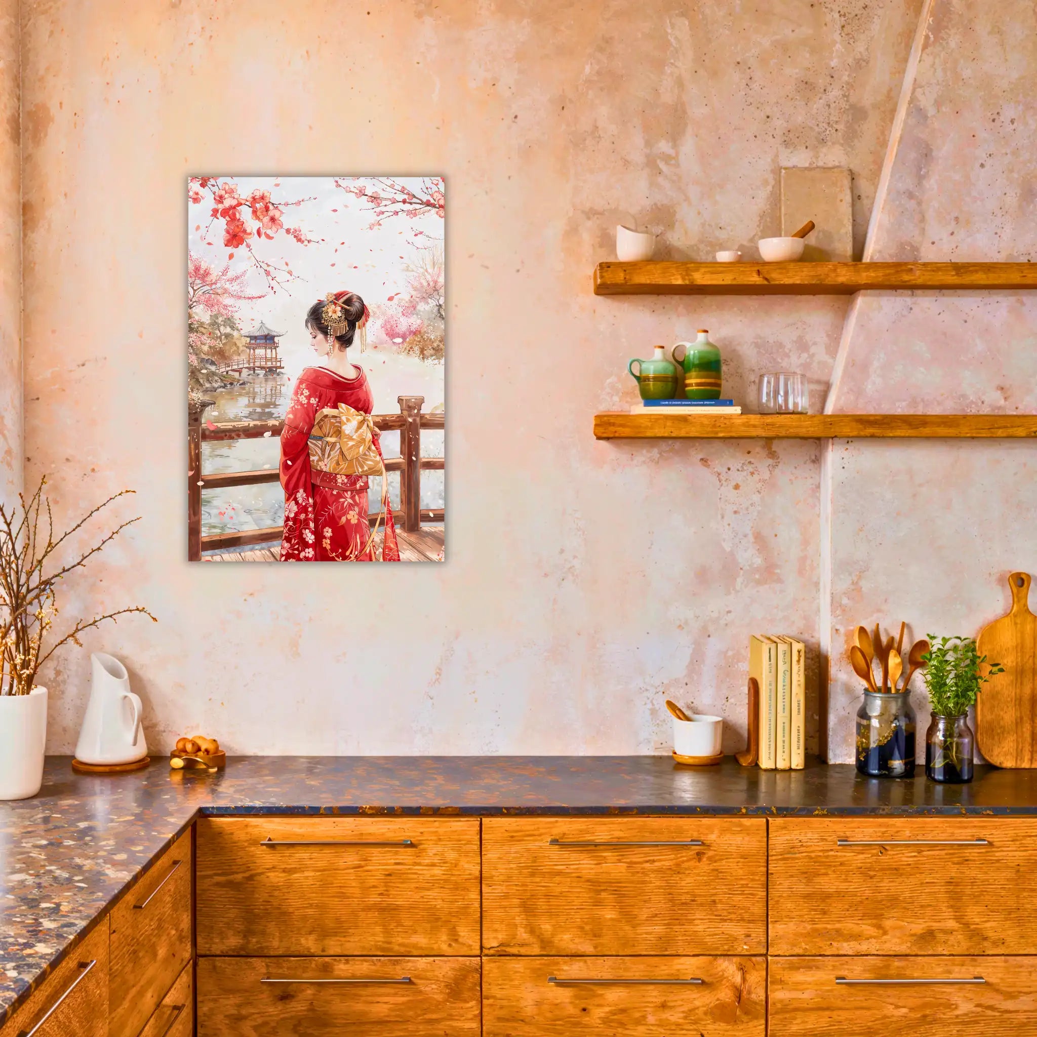 tableau-japonais-femme-kimono-rouge-dans-la-cuisine | DreamWay