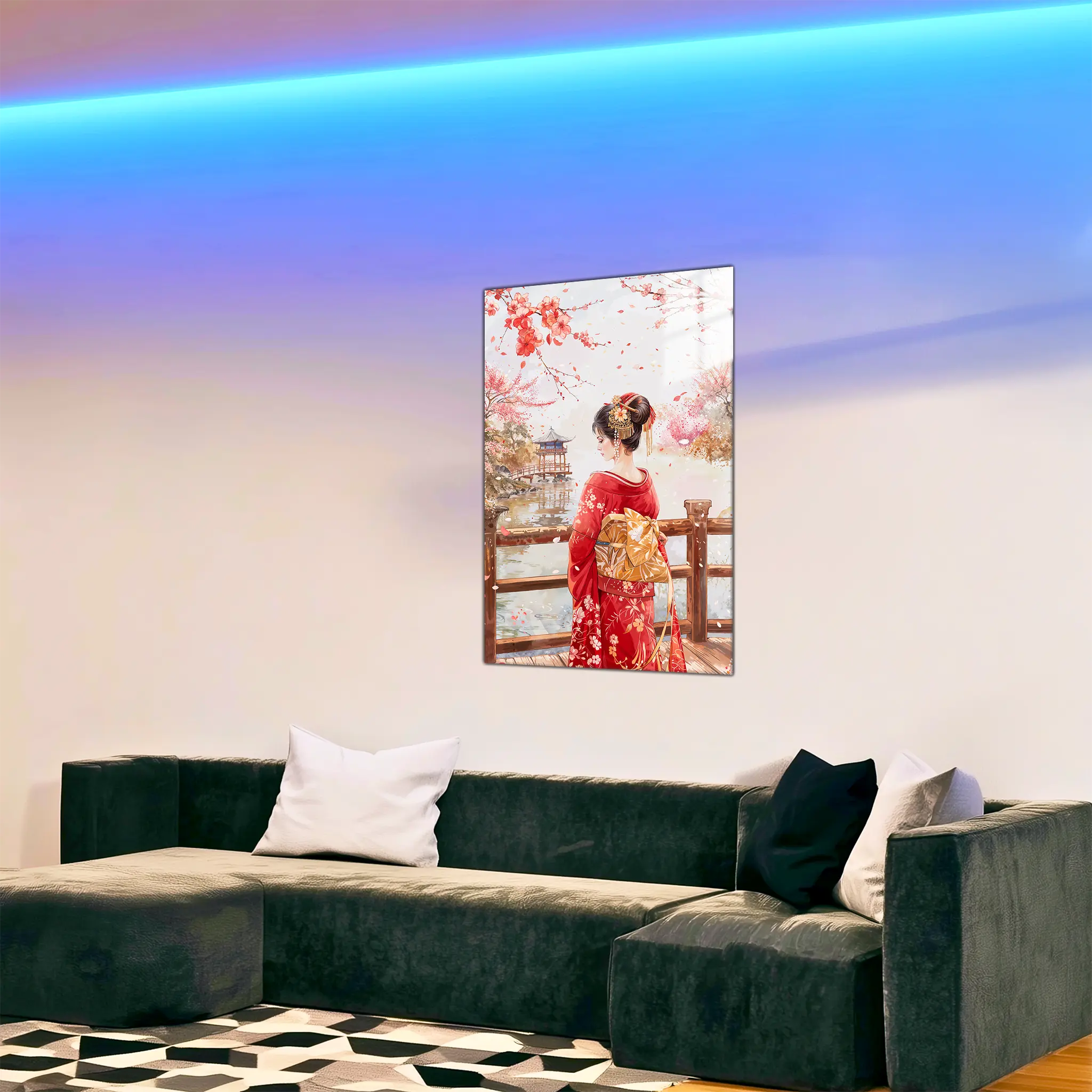 tableau-japonais-femme-kimono-rouge-dans-le-salon | DreamWay