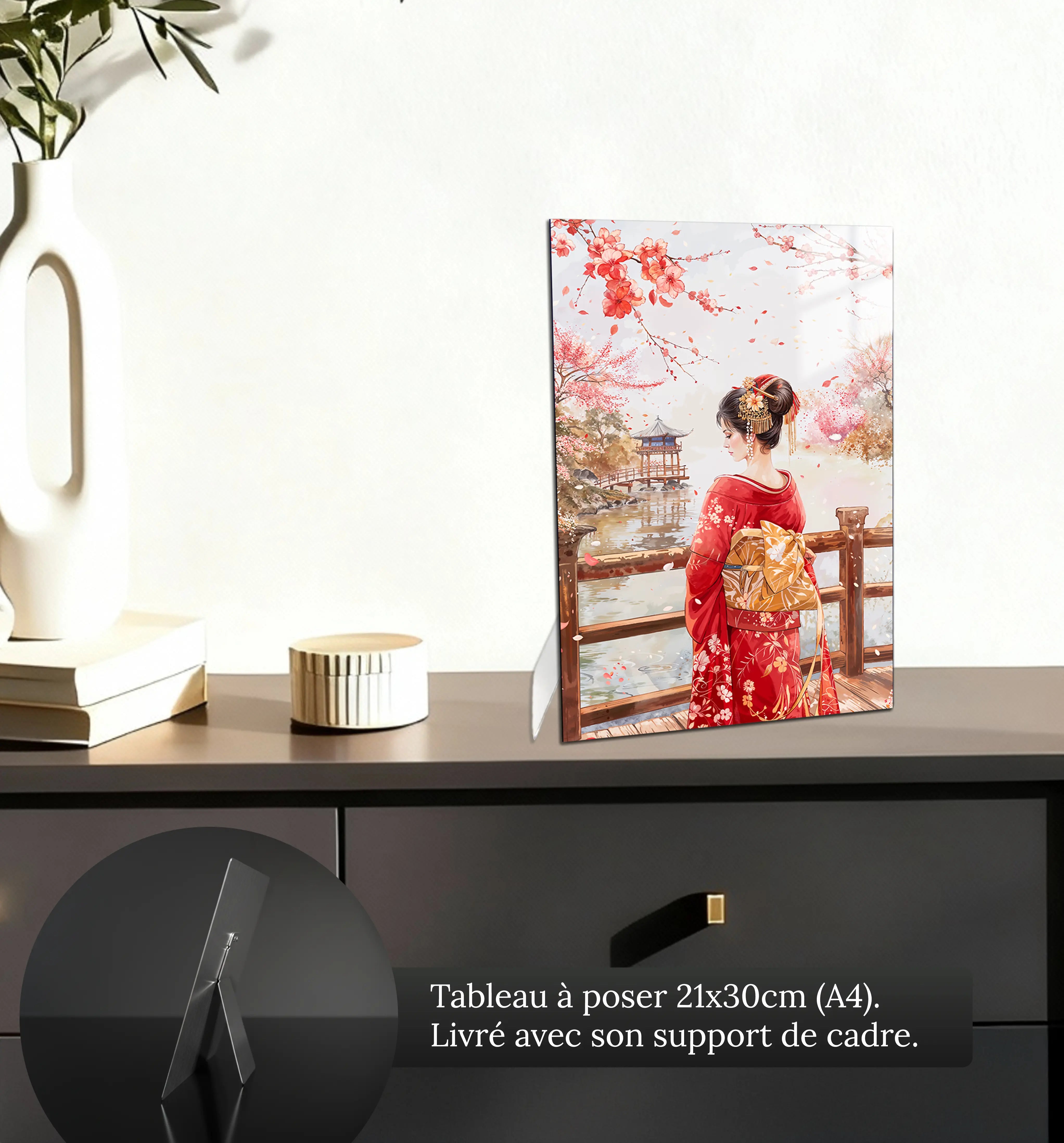 tableau-japonais-femme-kimono-rouge-petit-format-a-poser-sur-meuble | DreamWay