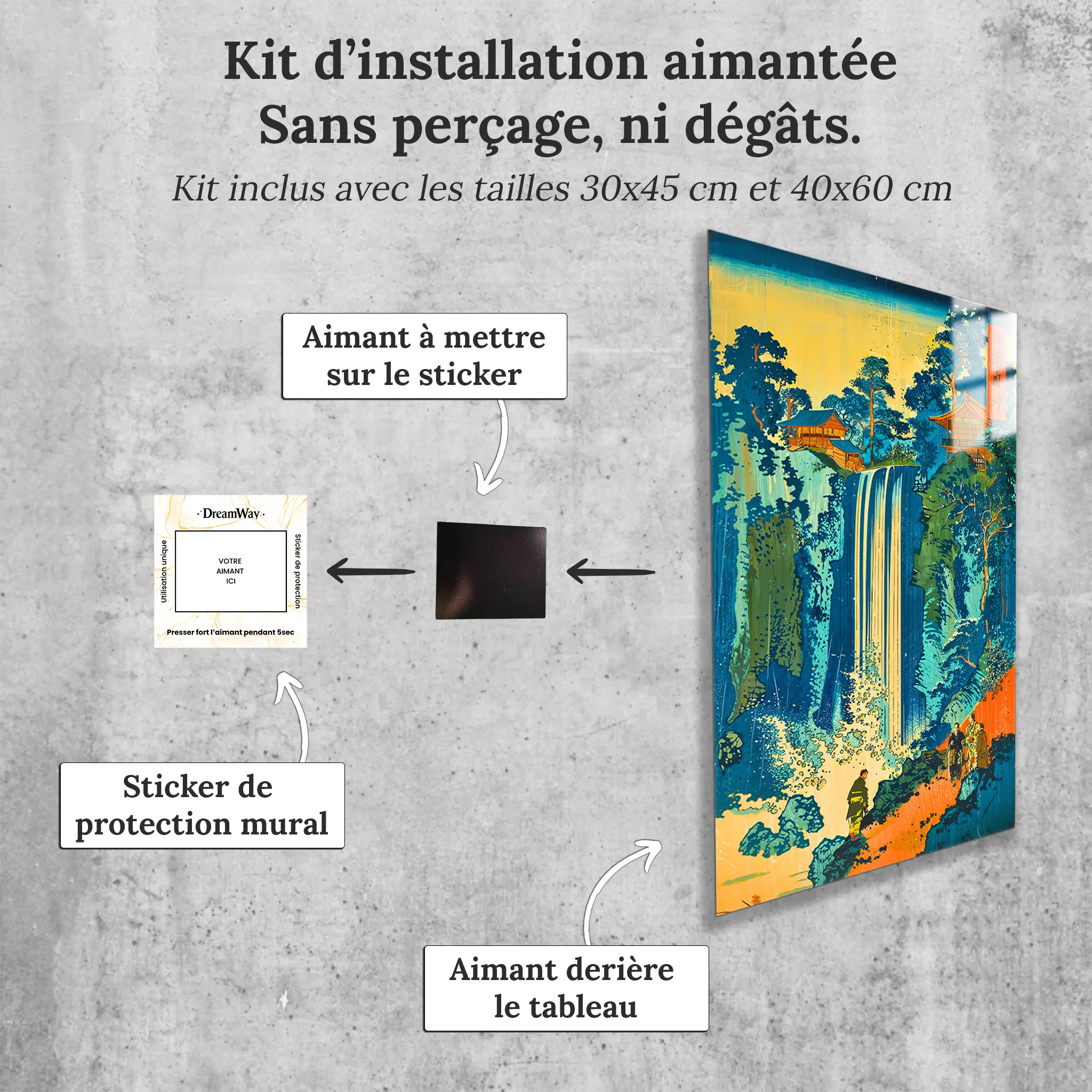 tableau-japonais-hokusai-La-Cascade-a-Ono-sur-la-Route-du-Kisokaido-Revisite-avec-installation-aimantee | DreamWay