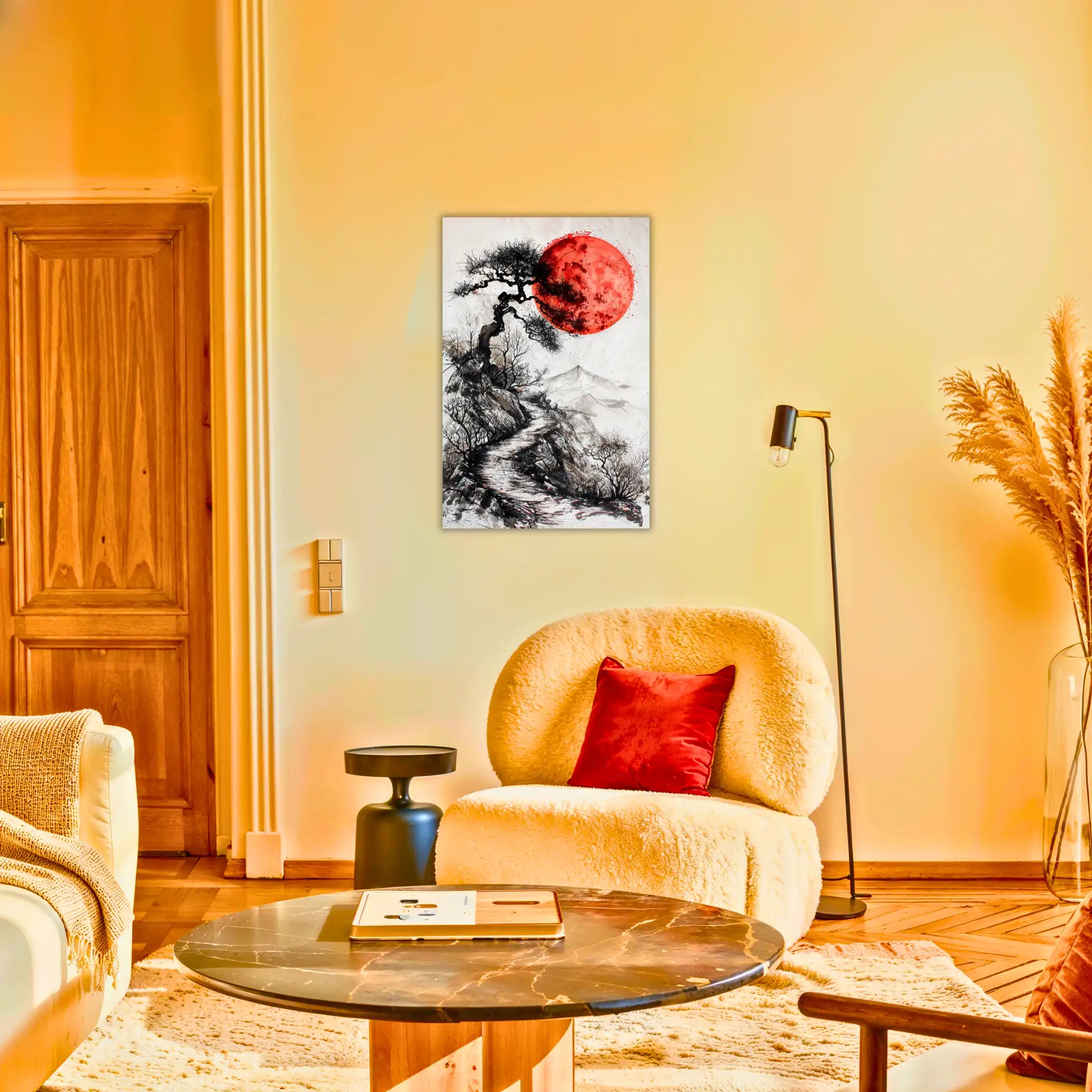 tableau-japonais-noir-et-blanc-et-rouge-au-salon | DreamWay