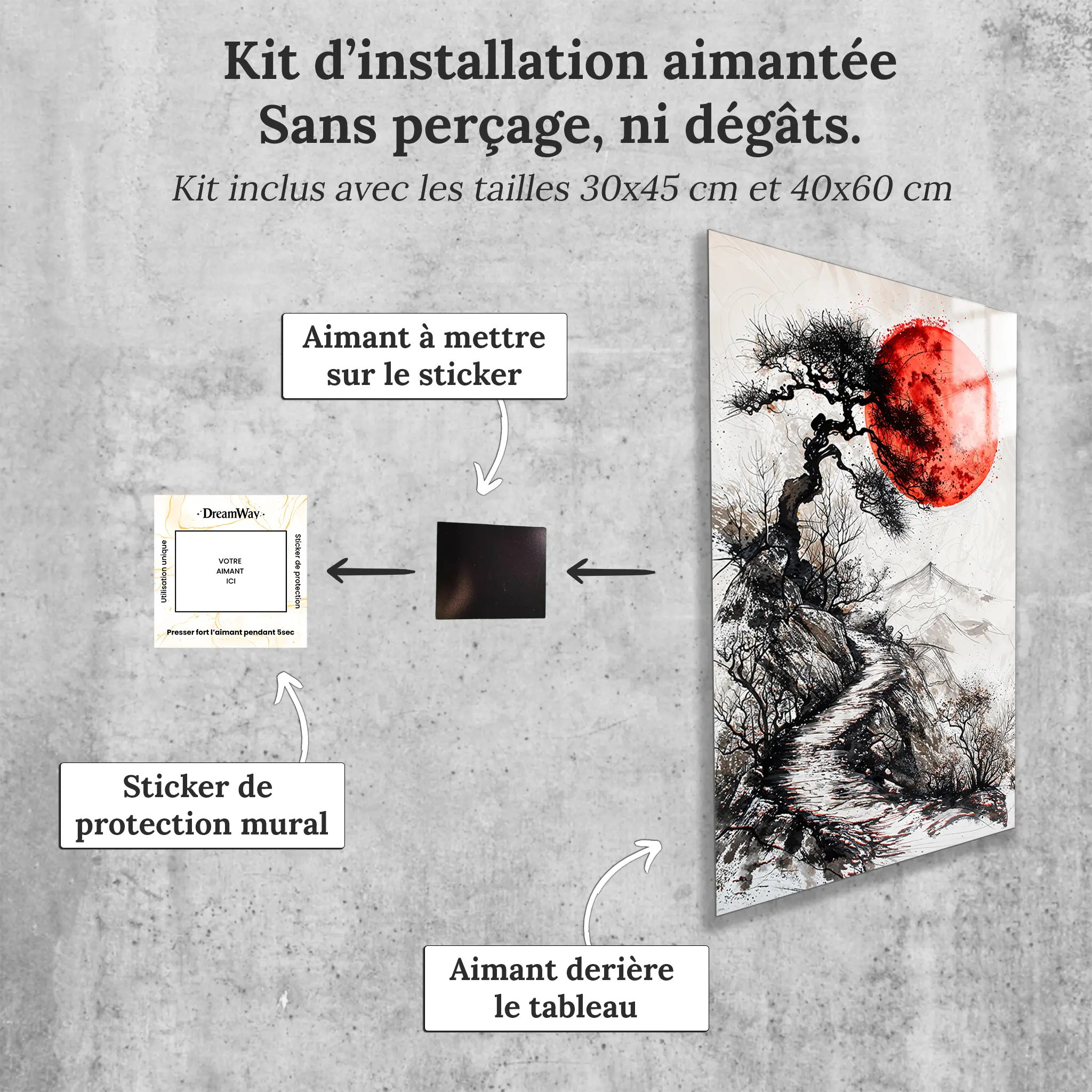 tableau-japonais-noir-et-blanc-et-rouge-avec-installation-aimantee | DreamWay