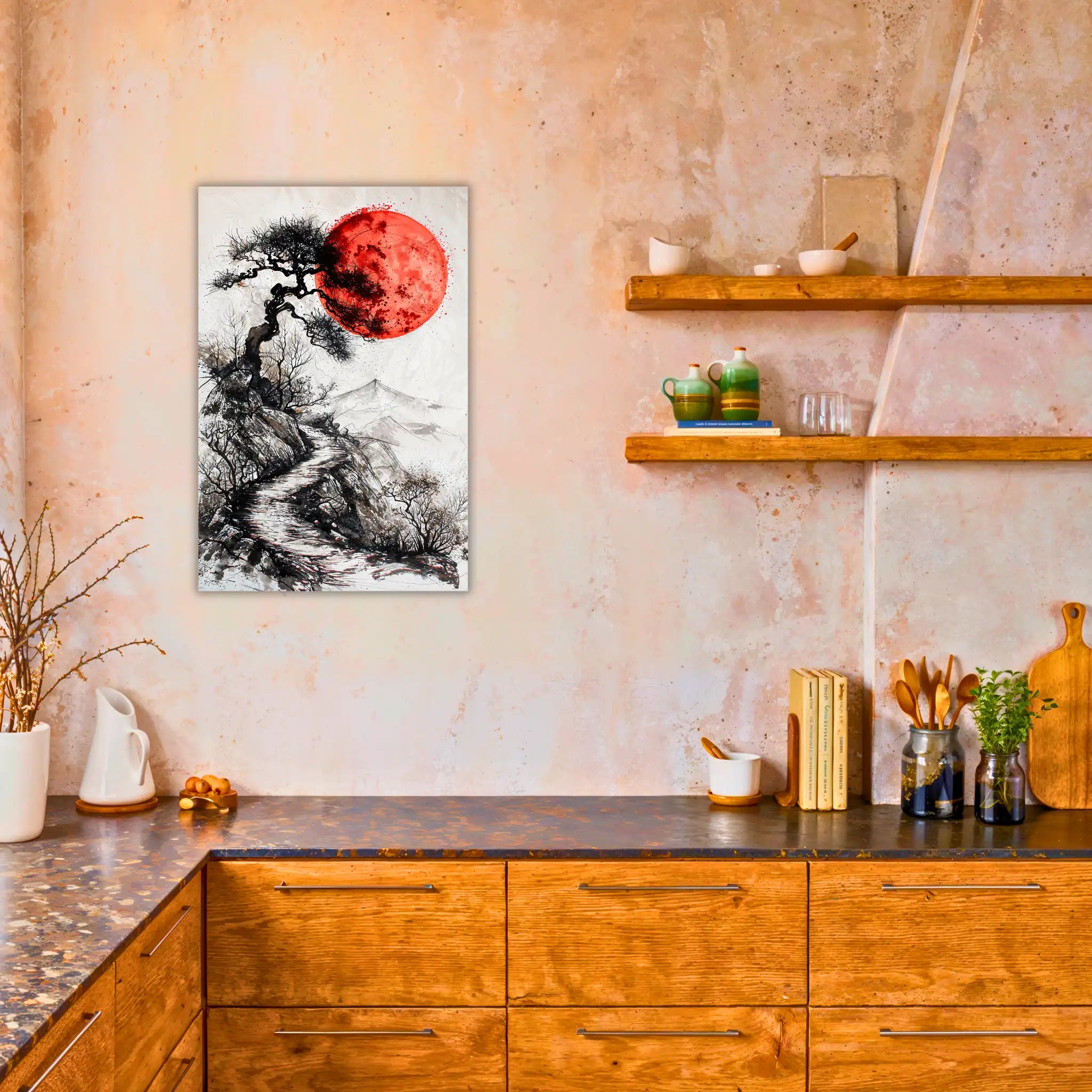 tableau-japonais-noir-et-blanc-et-rouge-dans-la-cuisine | DreamWay