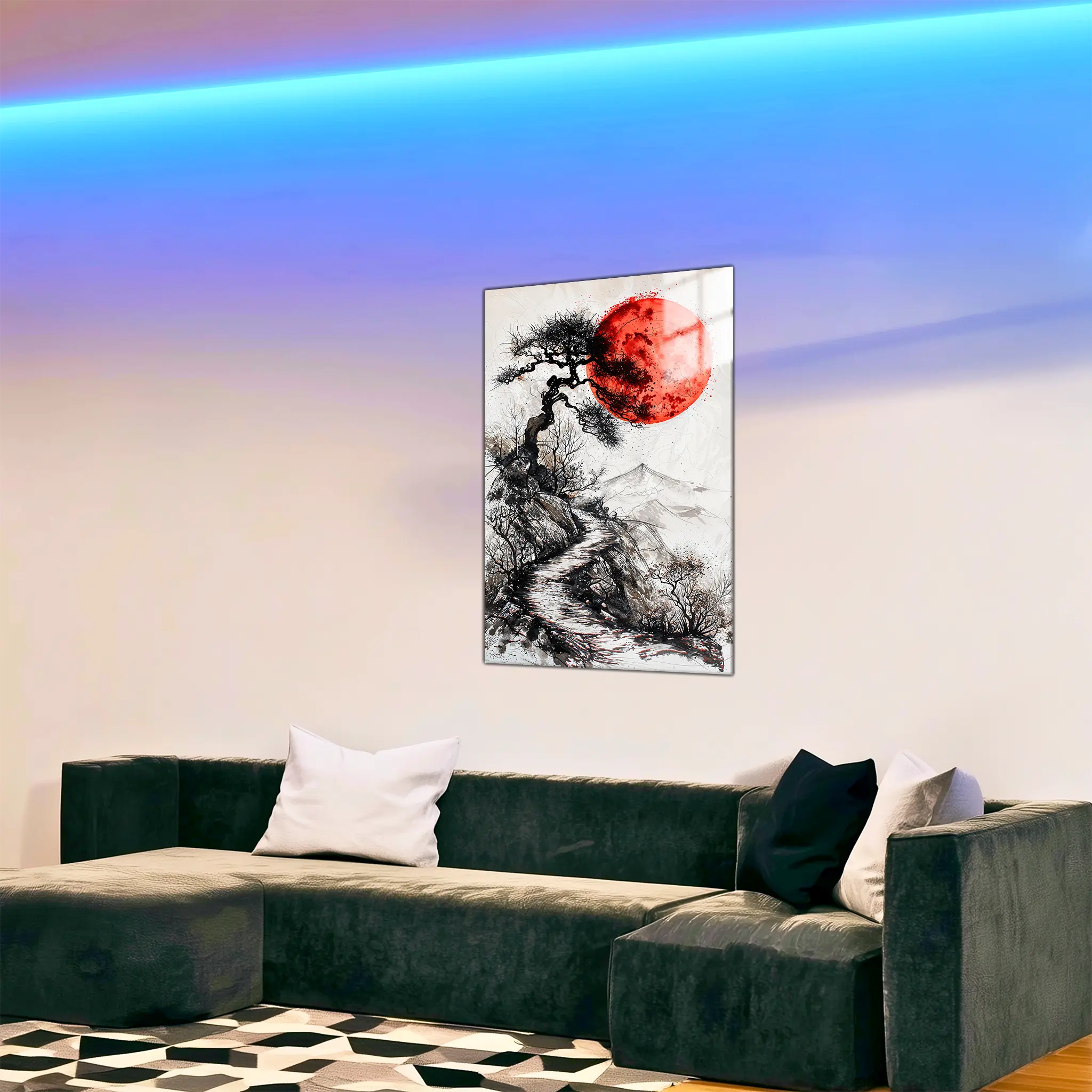 tableau-japonais-noir-et-blanc-et-rouge-dans-le-salon | DreamWay