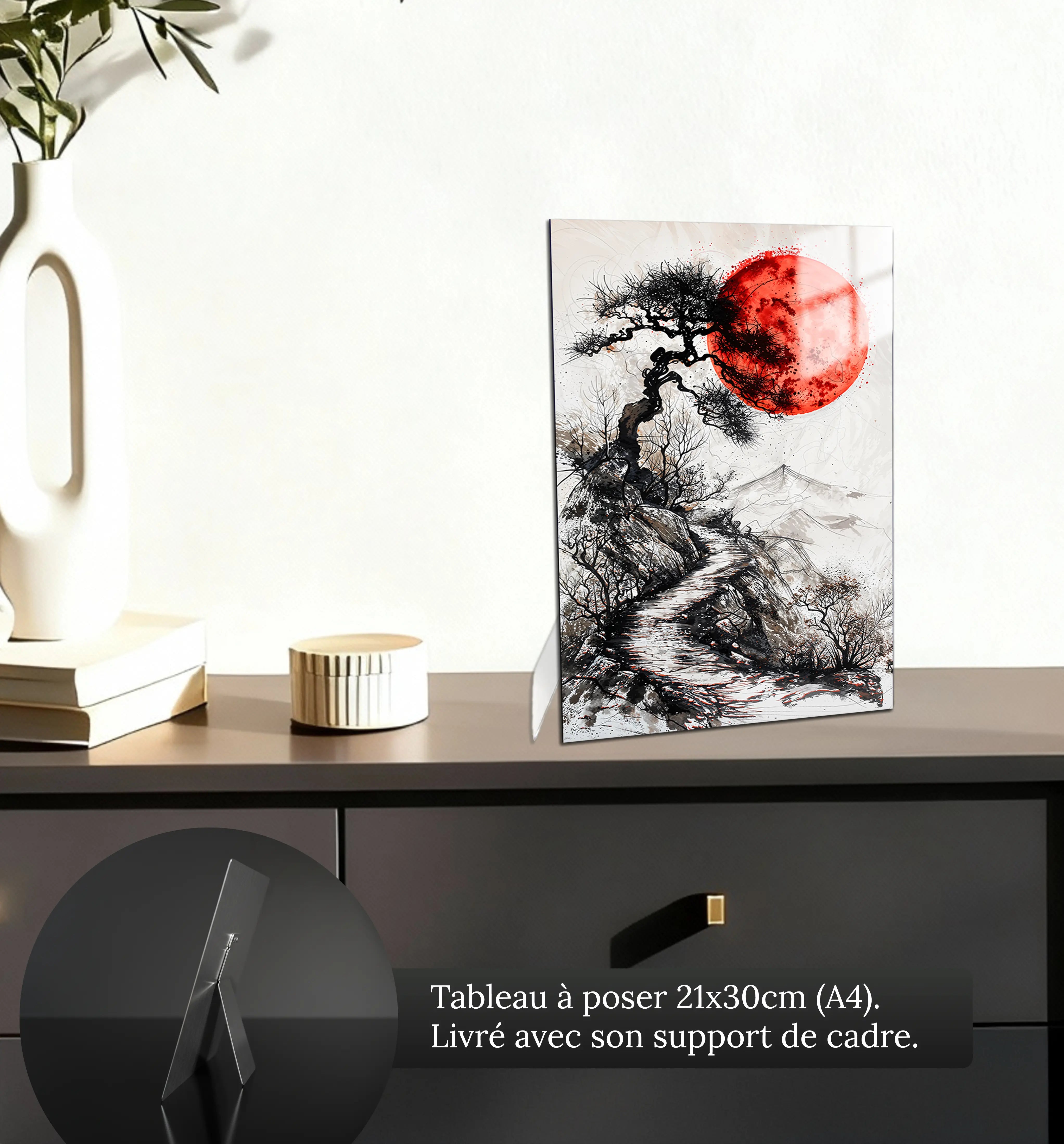 tableau-japonais-noir-et-blanc-et-rouge-petit-format-a-poser-sur-meuble | DreamWay