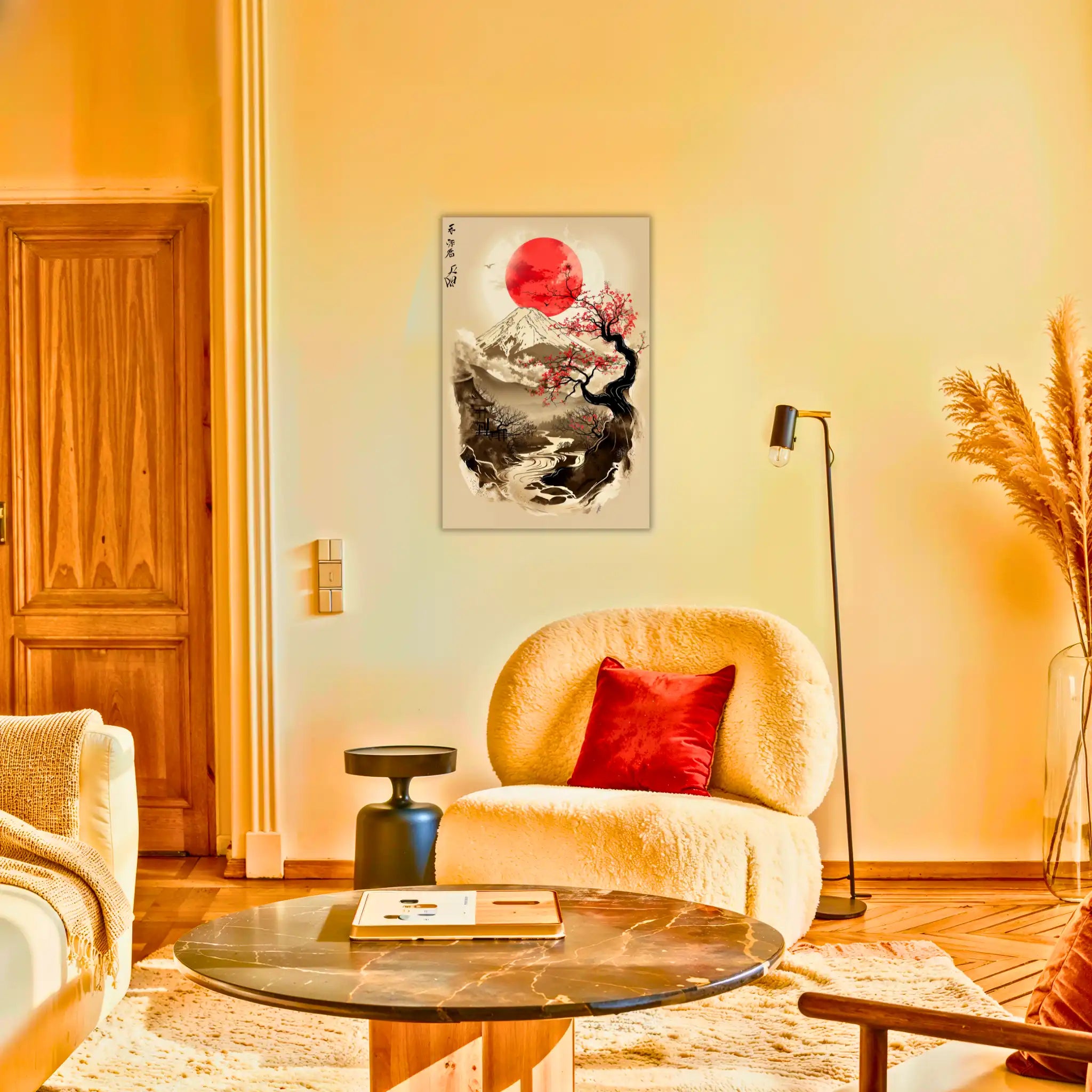 tableau-japonais-noir-et-rouge-au-salon | DreamWay