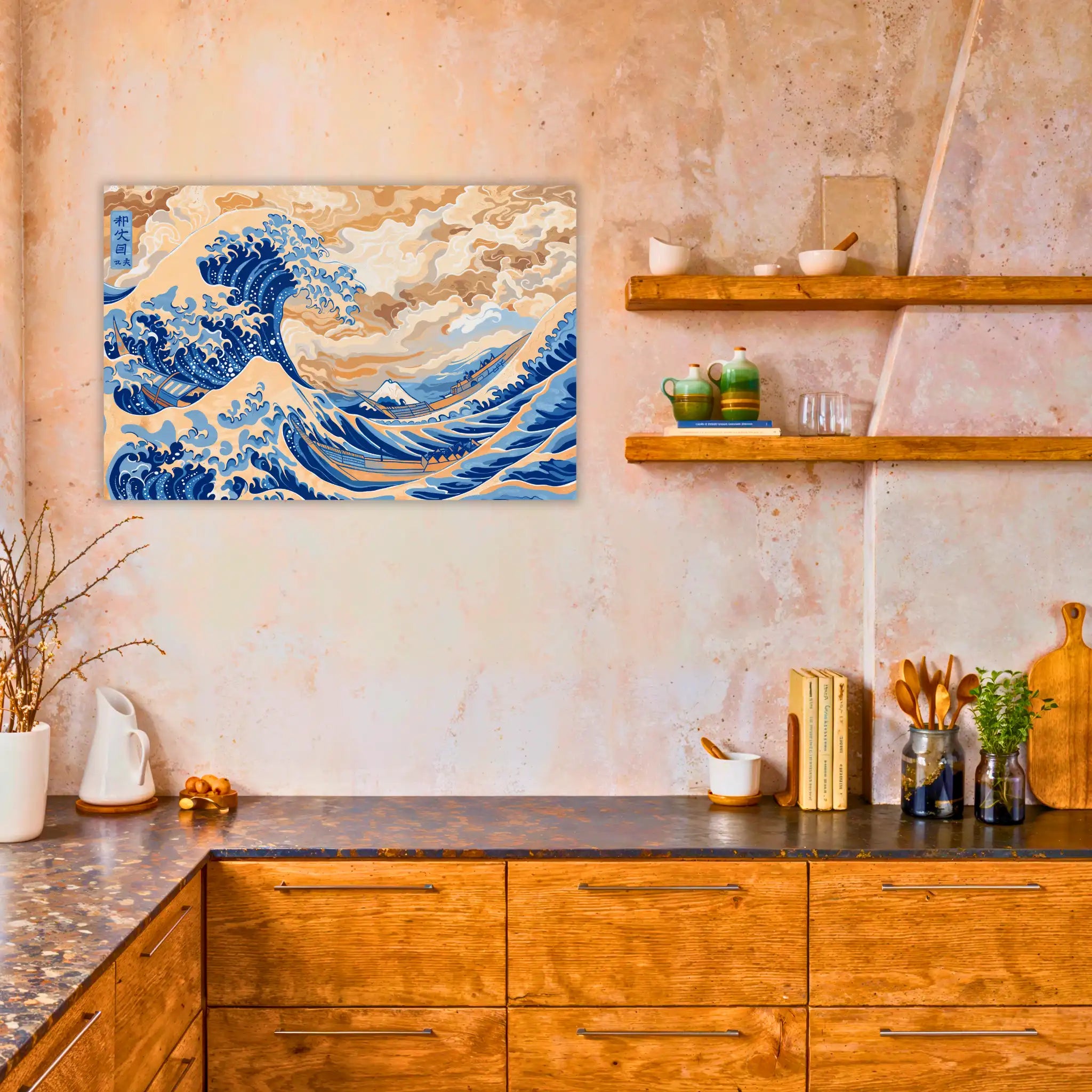 tableau-japonais-vague-reproduction-retravaille-dans-la-cuisine | DreamWay