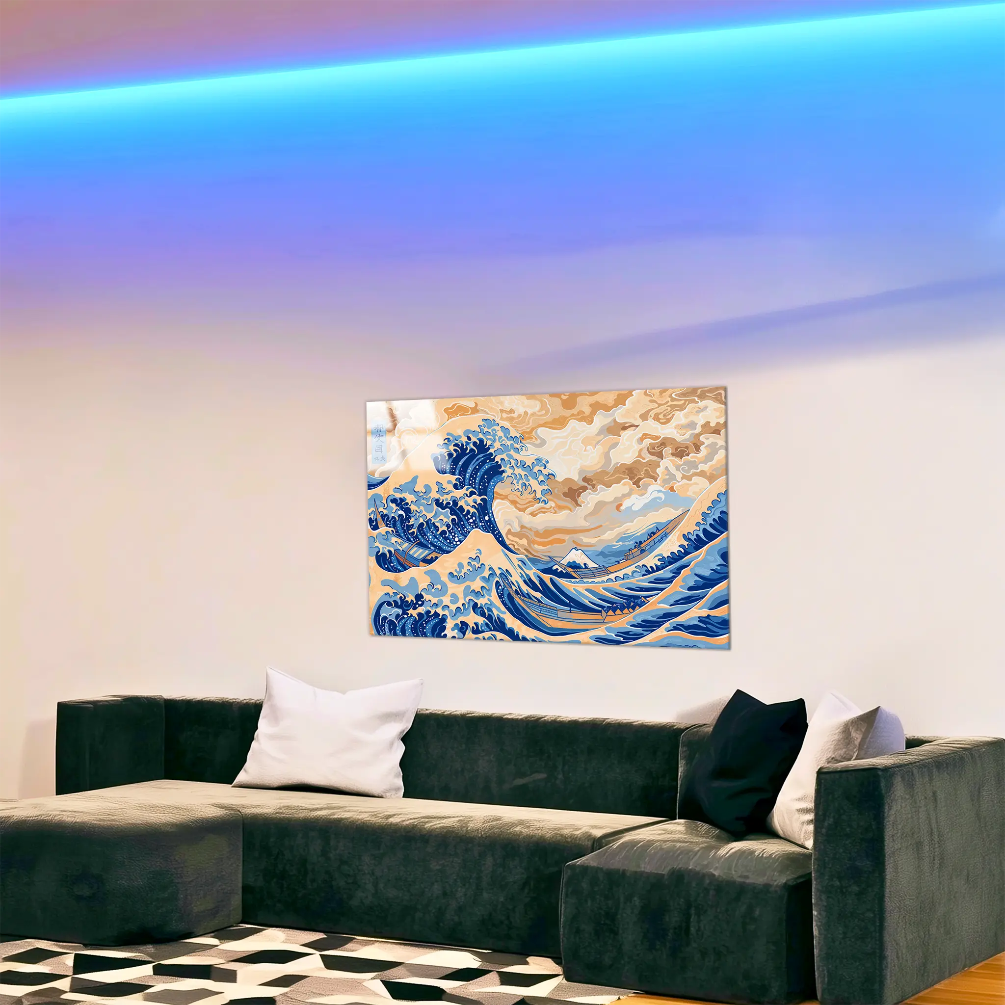 tableau-japonais-vague-reproduction-retravaille-dans-le-salon | DreamWay