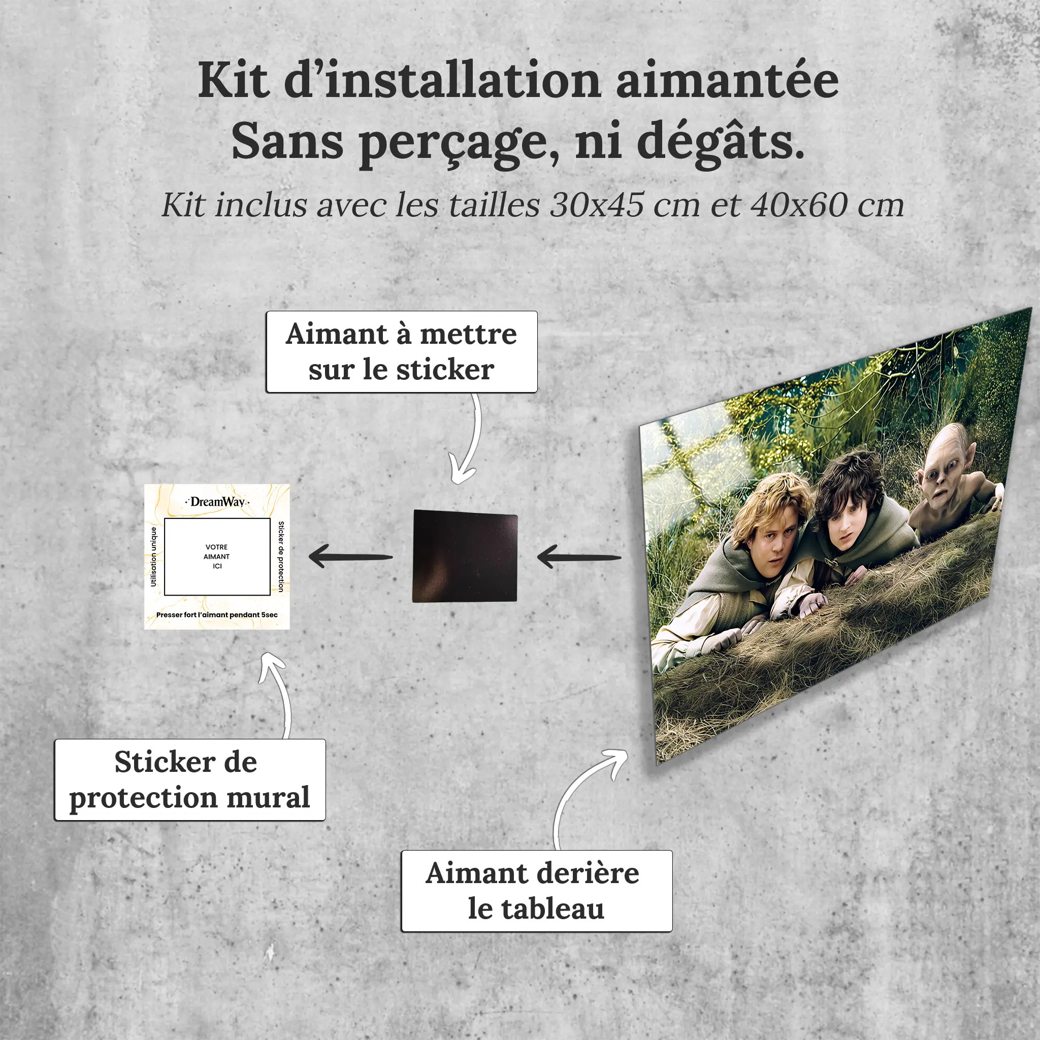 tableau-le-seigneur-des-anneaux-frodon-et-gollum-et-sam-avec-installation-aimantee | DreamWay