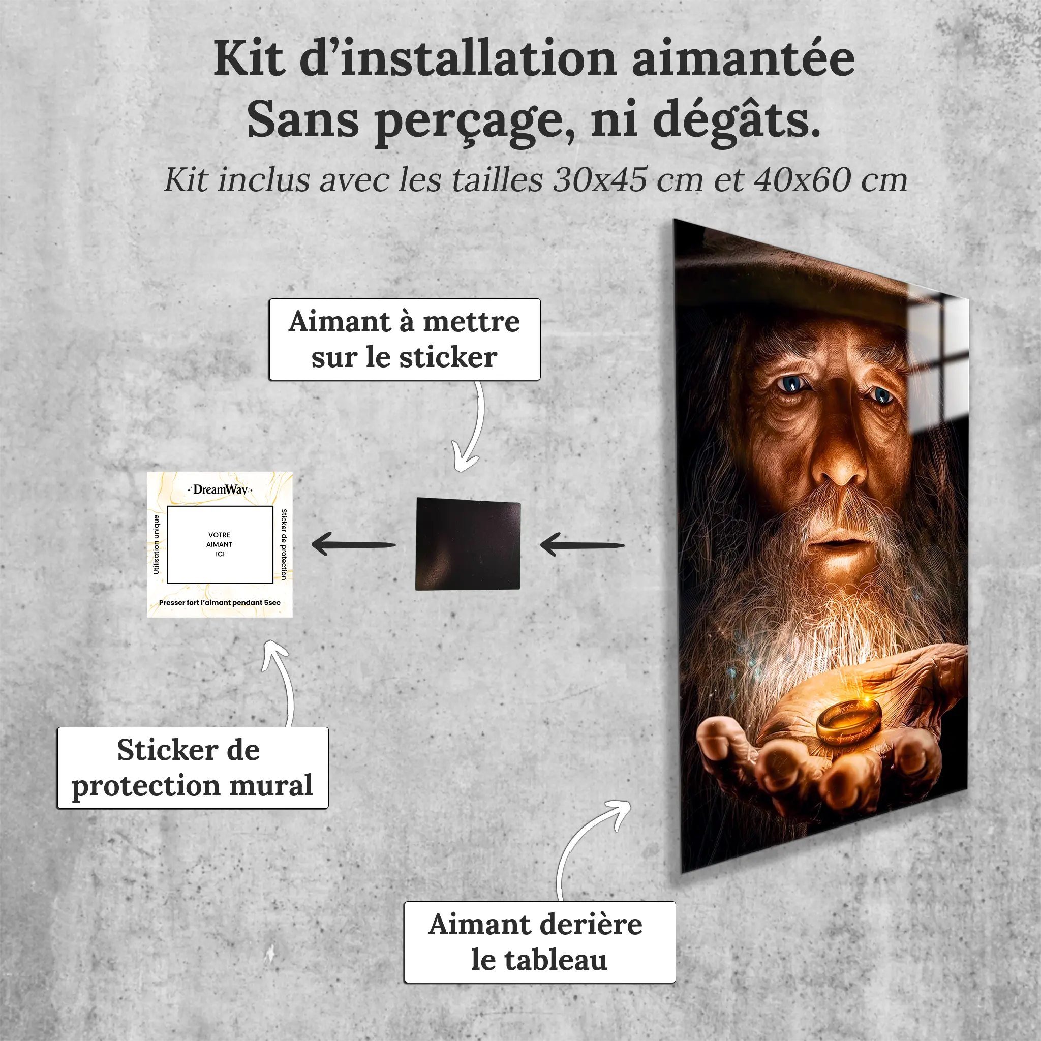 tableau-le-seigneur-des-anneaux-l-anneau-et-gandalf-avec-installation-aimantee | DreamWay