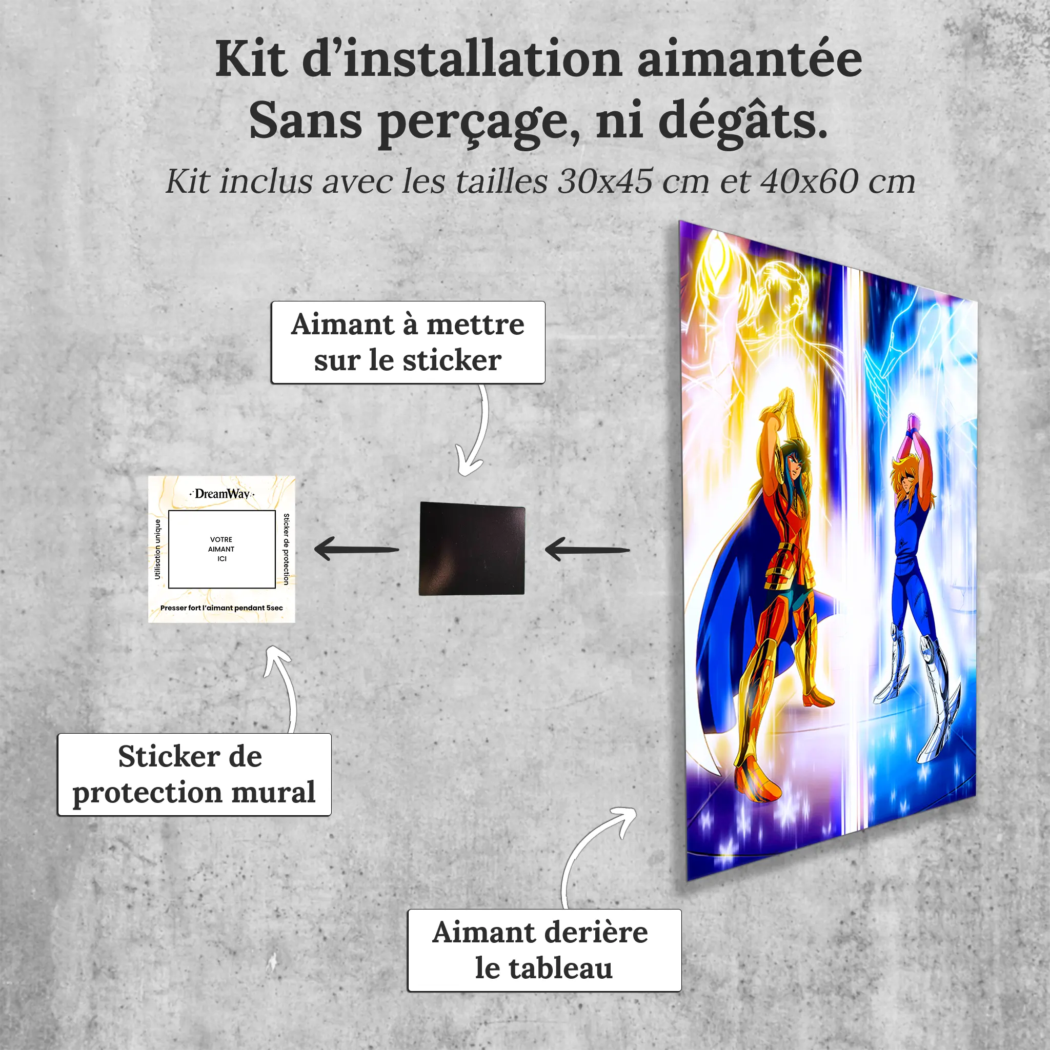 tableau-les-chevaliers-du-zodiaque-bataille-camus-contre-hyoga-avec-installation-aimantee | DreamWay