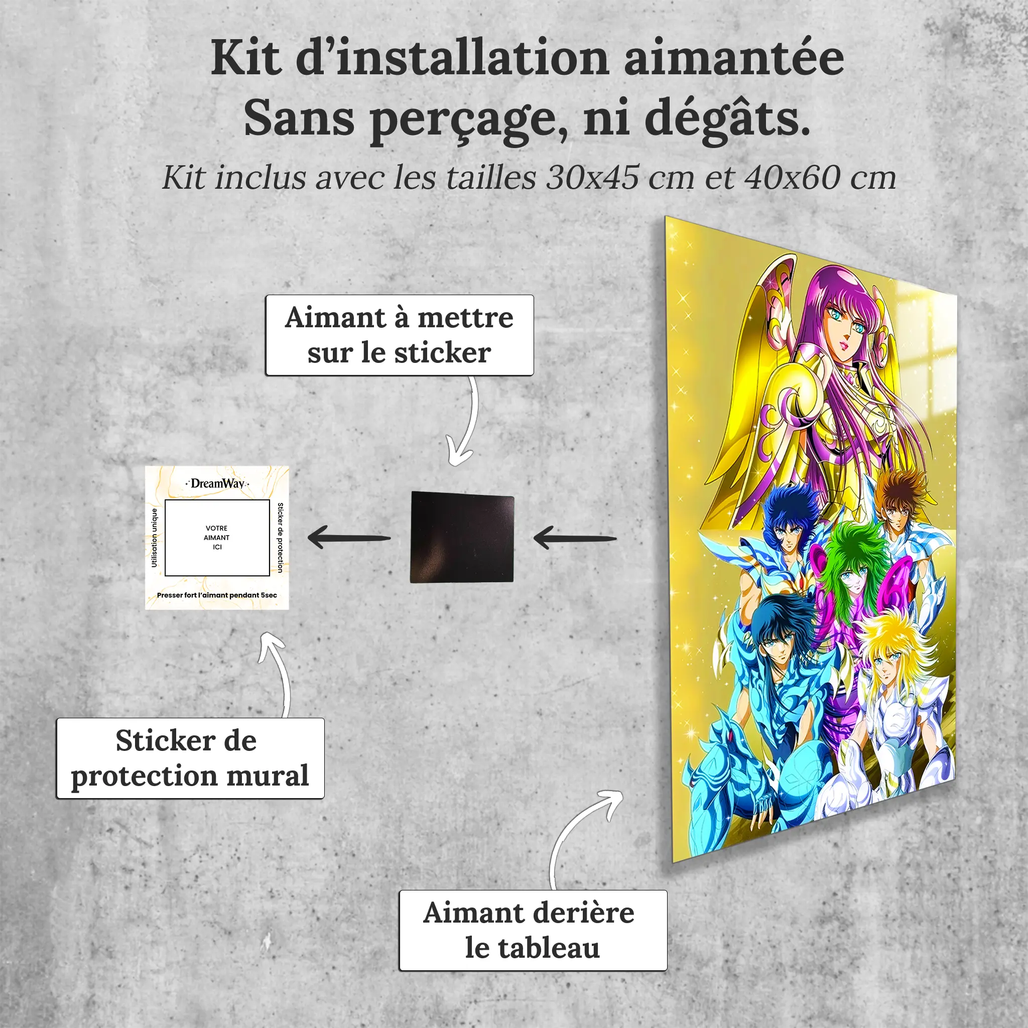 tableau-les-chevaliers-du-zodiaque-heros-emblematiques-portrait-avec-installation-aimantee | DreamWay