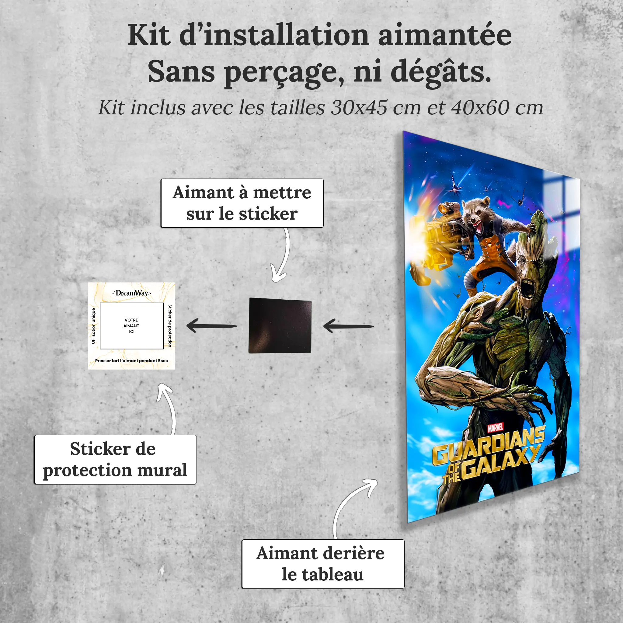 tableau-les-gardiens-de-la-galaxie-groot-et-rocket-affiche-avec-installation-aimantee | DreamWay