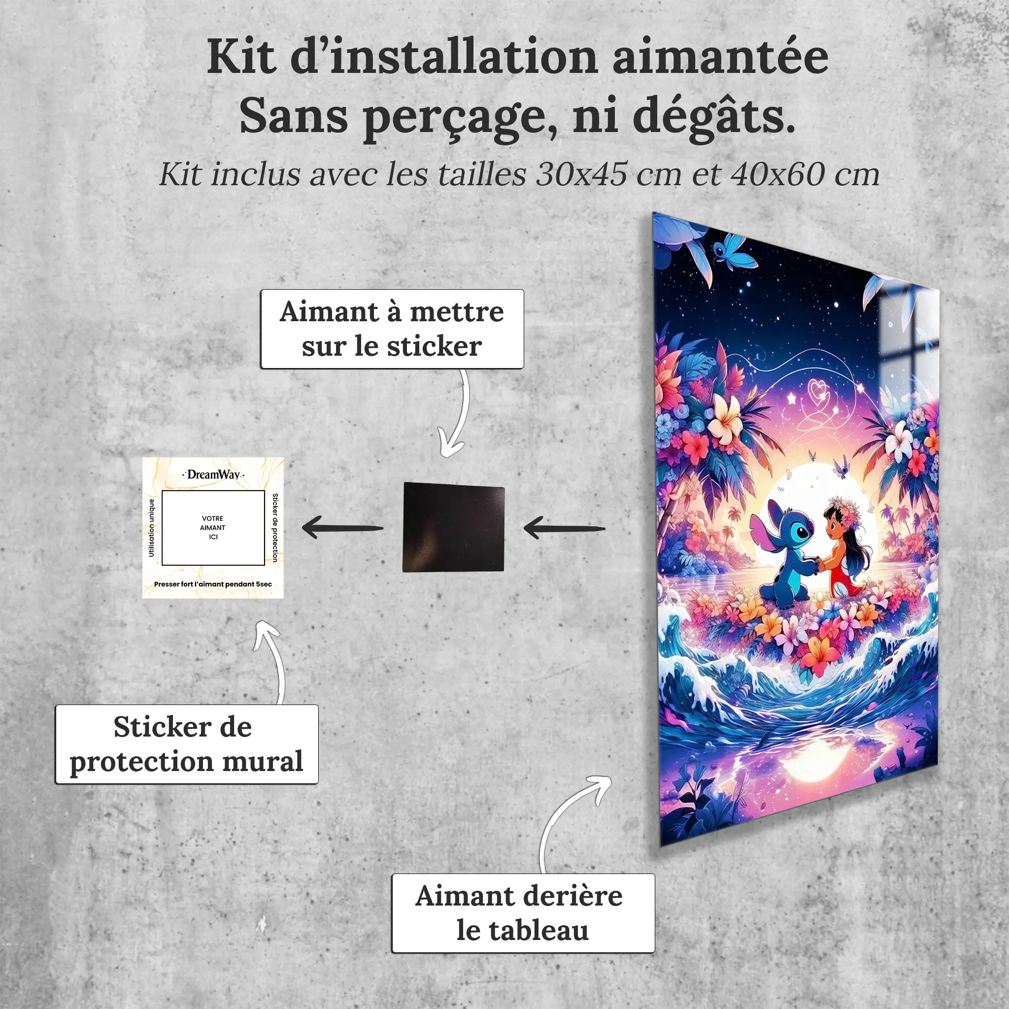 tableau-lilo-et-stich-plage-paradisiaque-avec-installation-aimantee | DreamWay