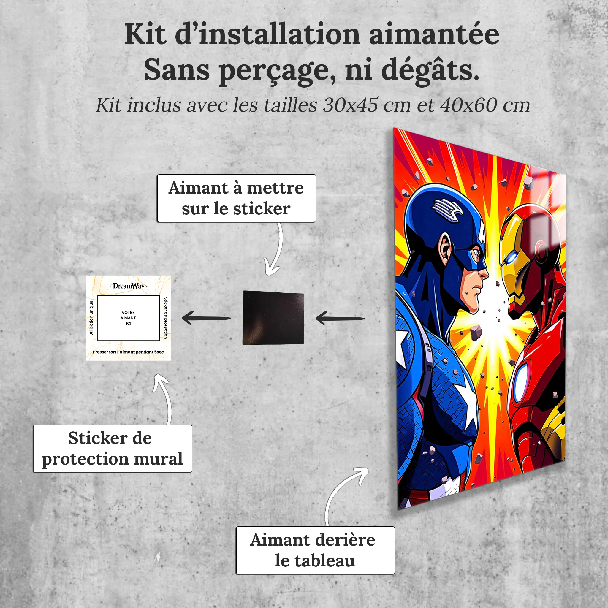 tableau-marvel-captain-america-vs-iron-man-avec-installation-aimantee | DreamWay