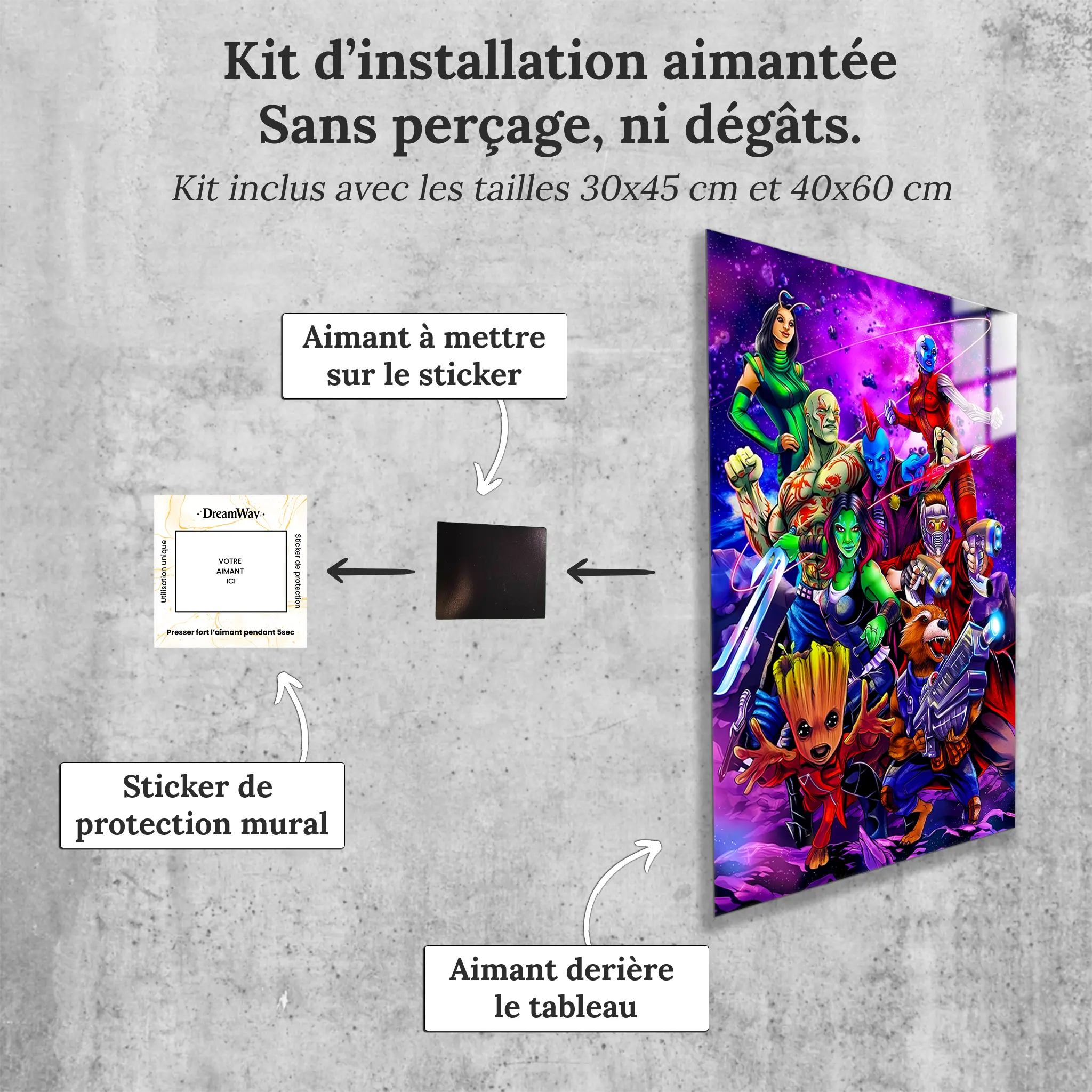tableau-marvel-les-gardiens-de-la-galaxie-heros-avec-installation-aimantee | DreamWay