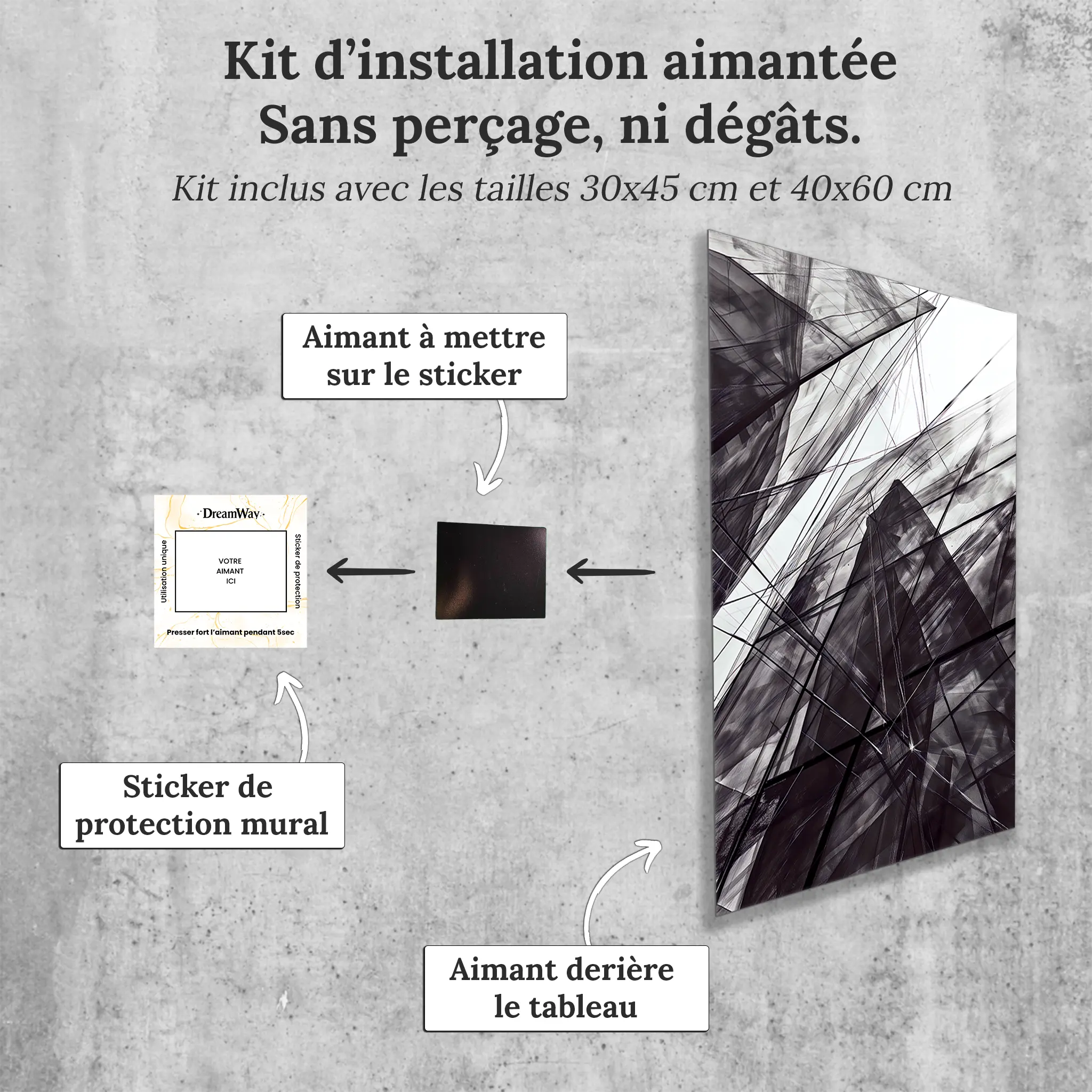 tableau-noir-et-blanc-abstrait-contemporain-avec-installation-aimantee | DreamWay