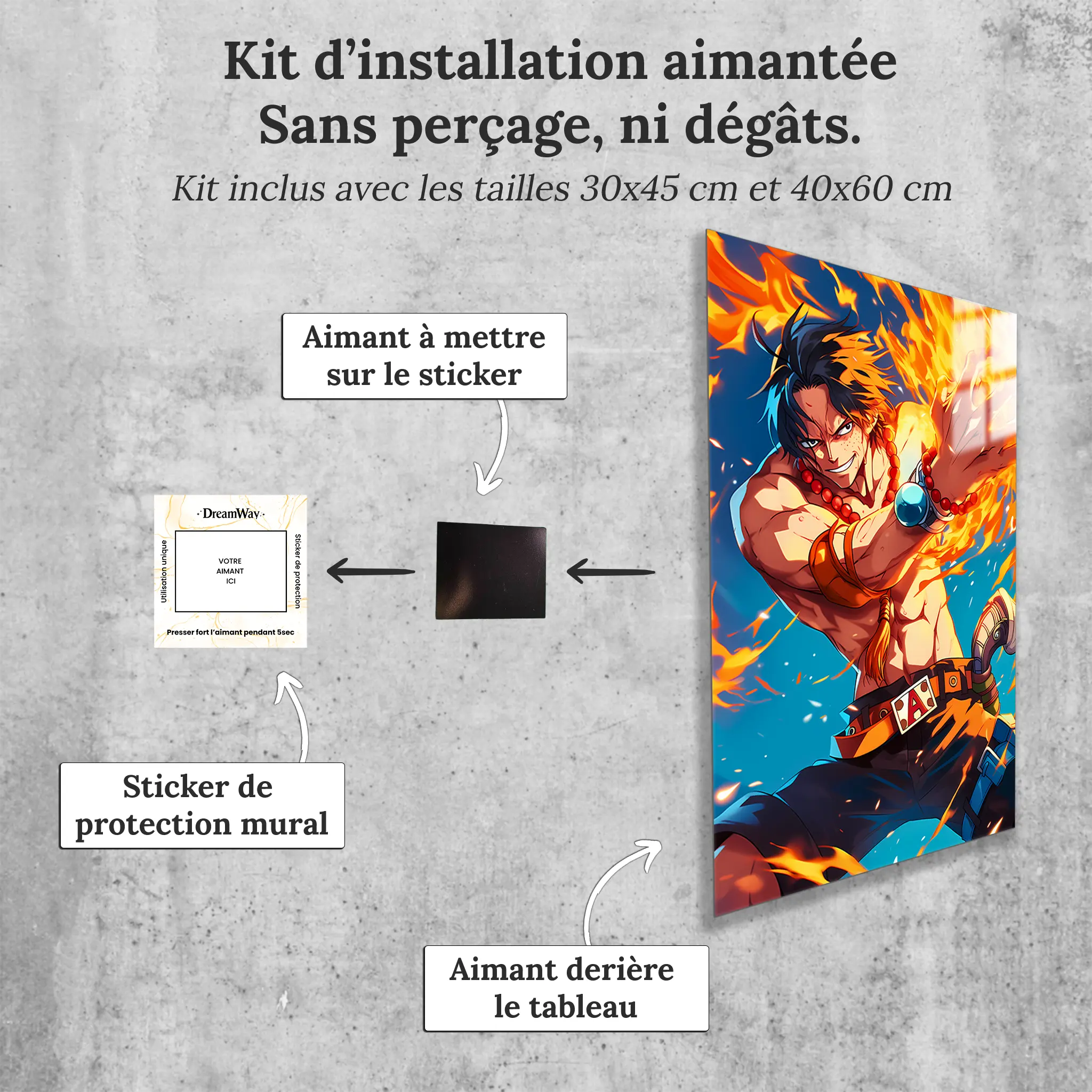 tableau-one-piece-ace-aux-poings-ardents-avec-installation-aimantee | DreamWay