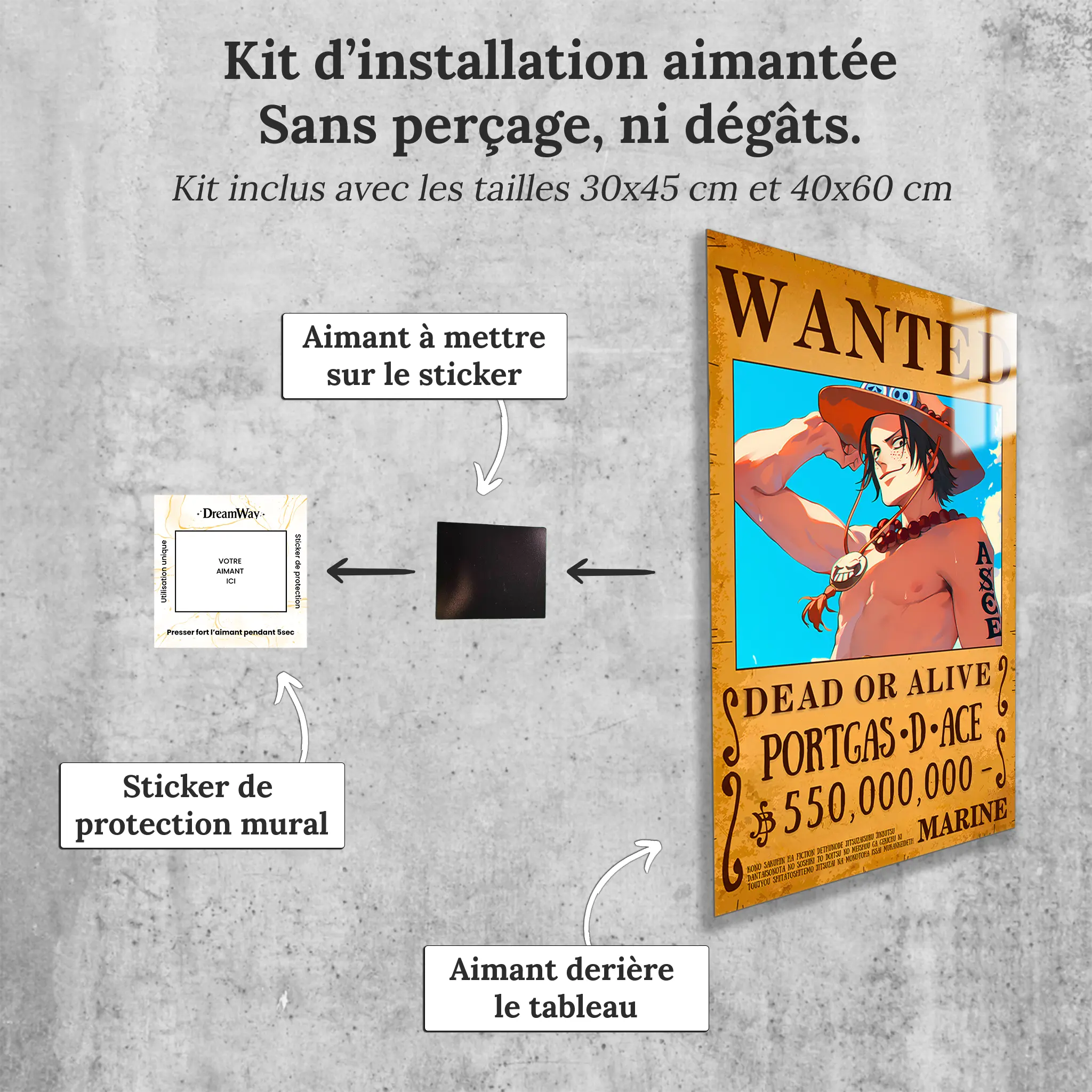 tableau-one-piece-wanted-ace-avec-installation-aimantee | DreamWay