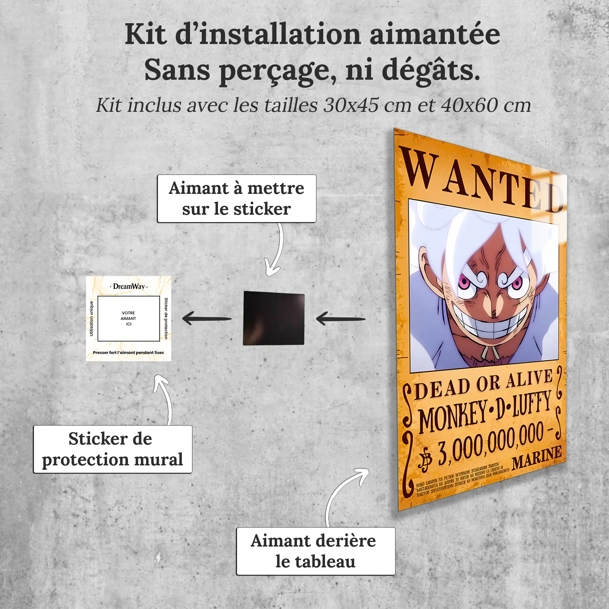 tableau-one-piece-wanted-luffy-avec-installation-aimantee | DreamWay