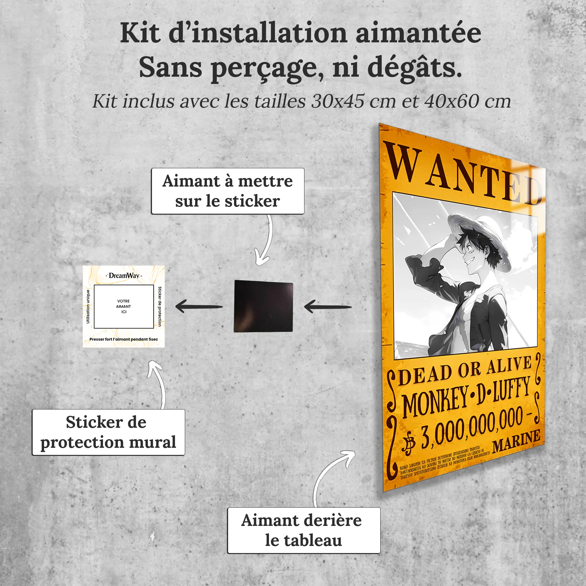 tableau-one-piece-wanted-luffy-noir-et-blanc-avec-installation-aimantee | DreamWay