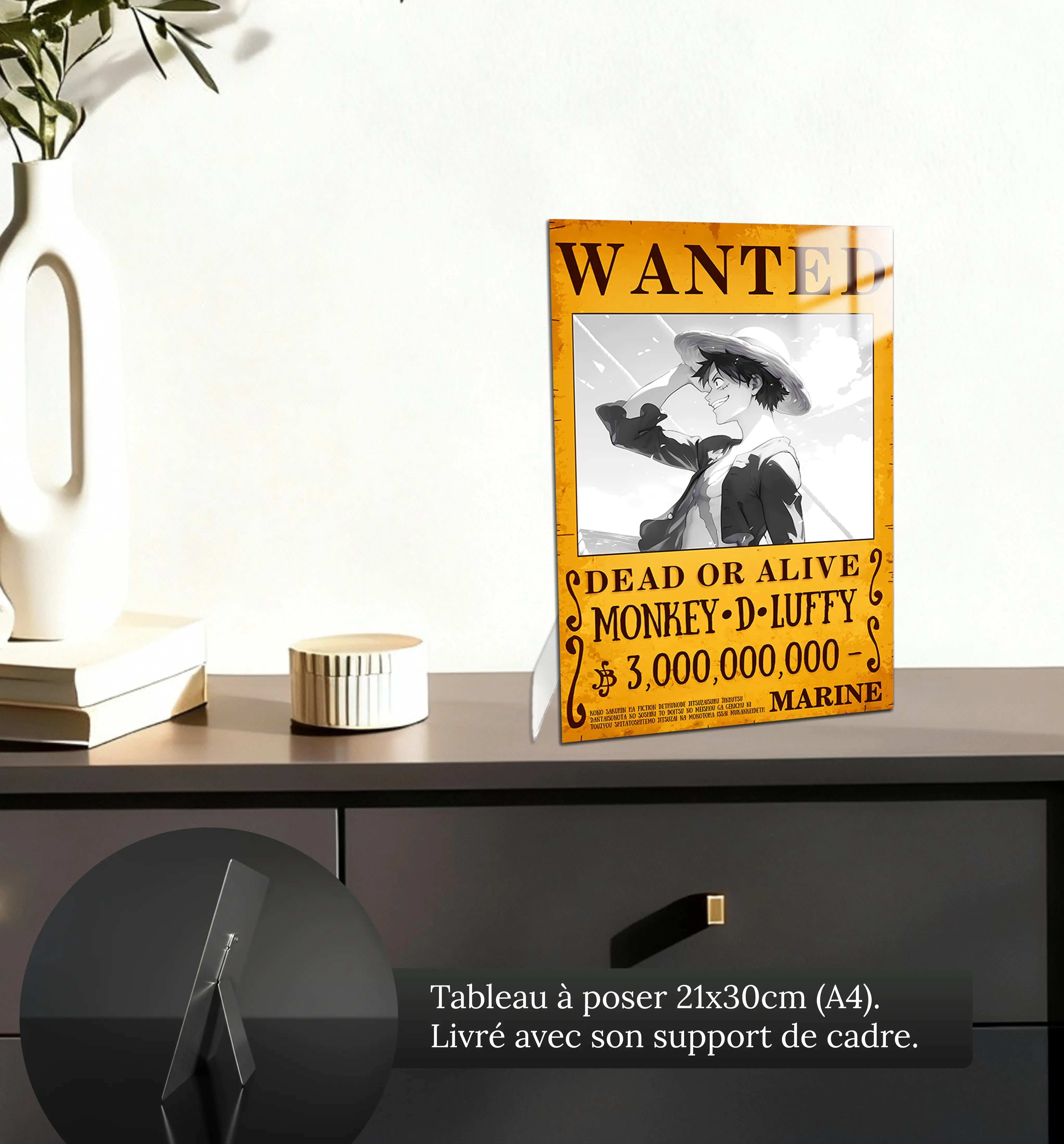 tableau-one-piece-wanted-luffy-noir-et-blanc-petit-format-a-poser-sur-meuble | DreamWay