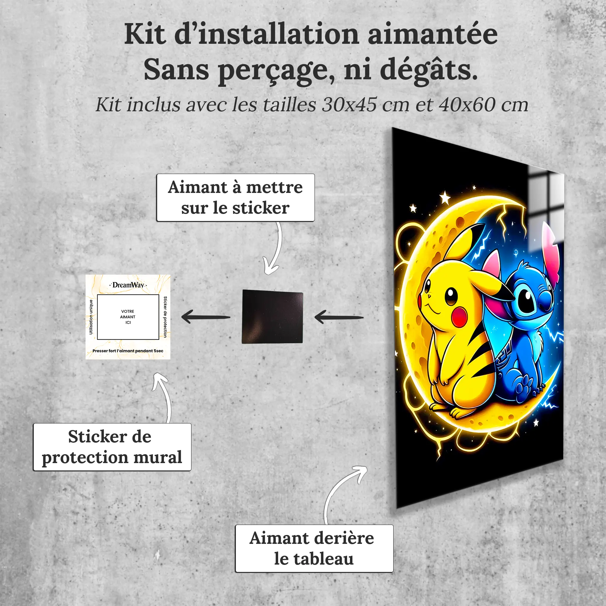 tableau-pikachu-et-stitch-sur-la-lune-avec-installation-aimantee | DreamWay