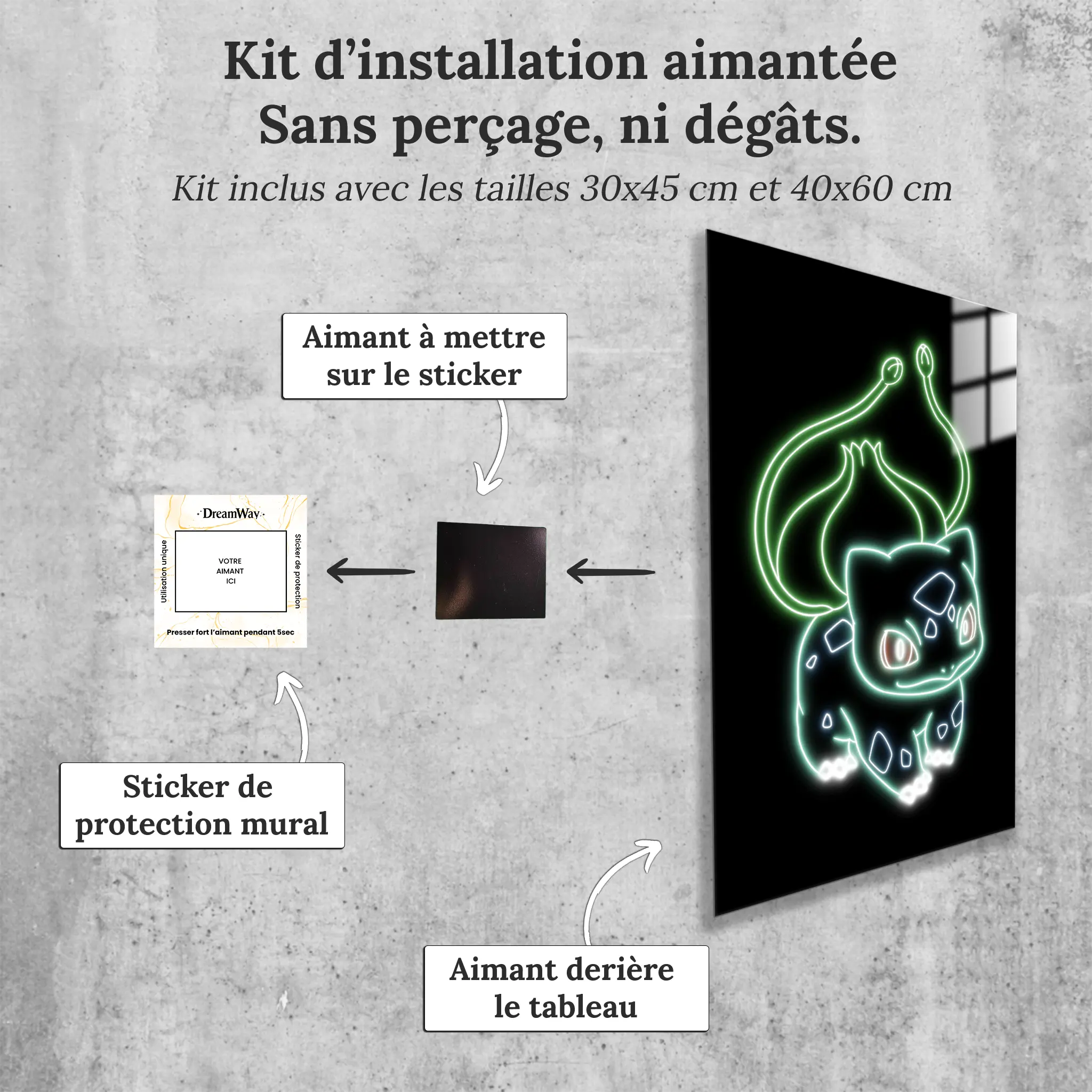tableau-pokemon-bulbizarre-neon-avec-installation-aimantee | DreamWay