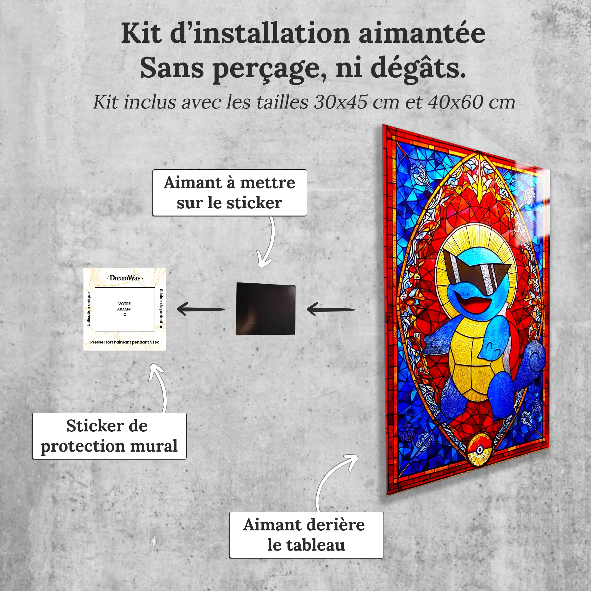 tableau-pokemon-carapuce-vitrail-avec-lunette-avec-installation-aimantee | DreamWay