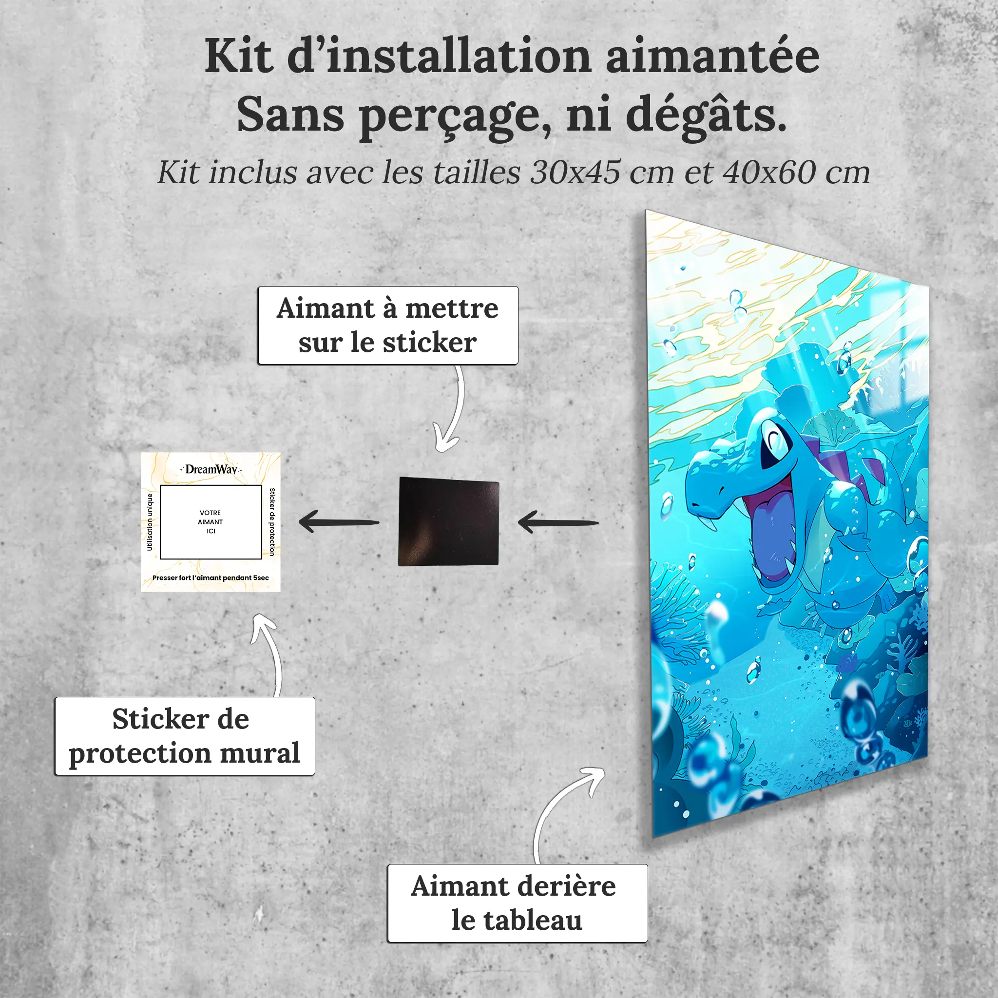 tableau-pokemon-kaiminus-dans-l-eau-avec-installation-aimantee | DreamWay