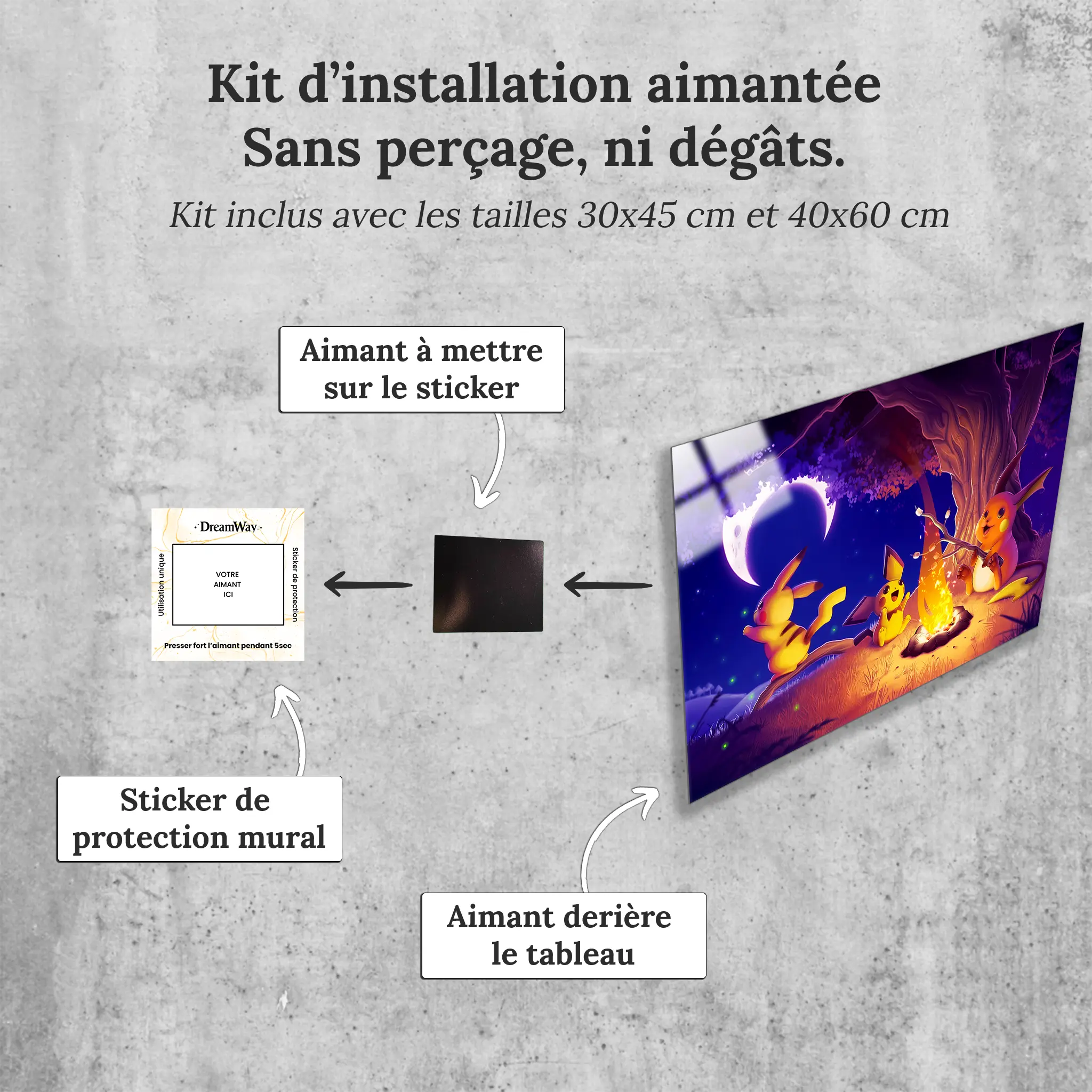 tableau-pokemon-pikachu-raichu-et-pichu-feu-de-camp-avec-installation-aimantee | DreamWay
