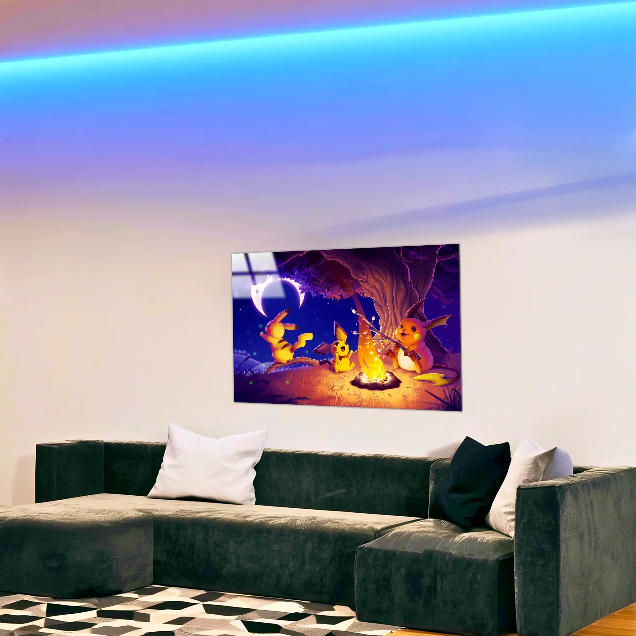 tableau-pokemon-pikachu-raichu-et-pichu-feu-de-camp-dans-le-salon | DreamWay