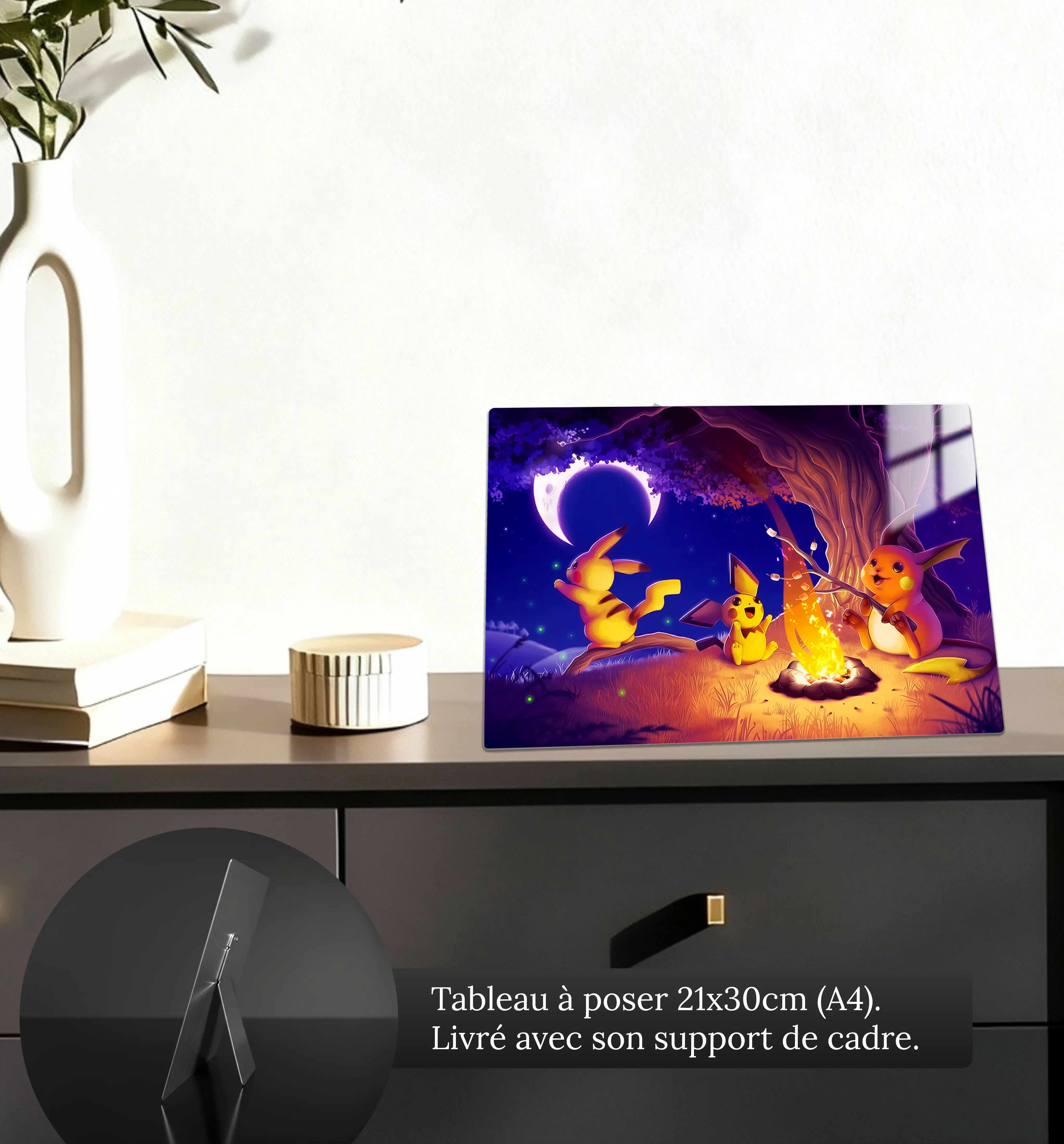 tableau-pokemon-pikachu-raichu-et-pichu-feu-de-camp-petit-format-a-poser-sur-meuble | DreamWay