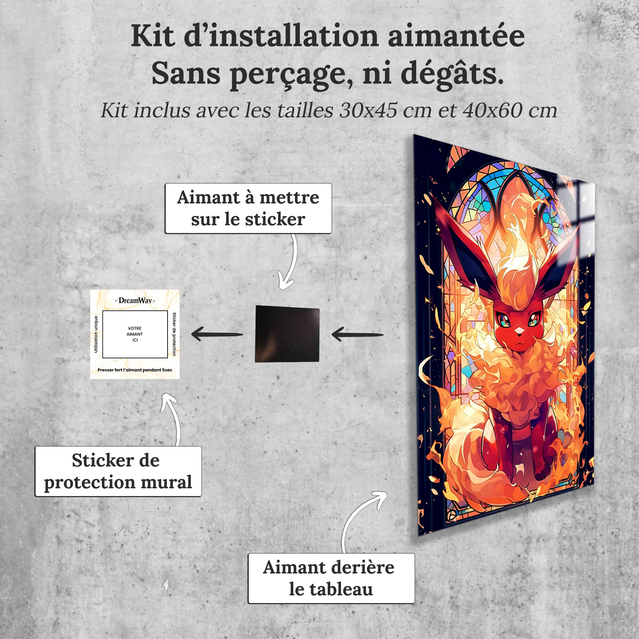 tableau-pokemon-pyroli-vitrail-avec-installation-aimantee | DreamWay