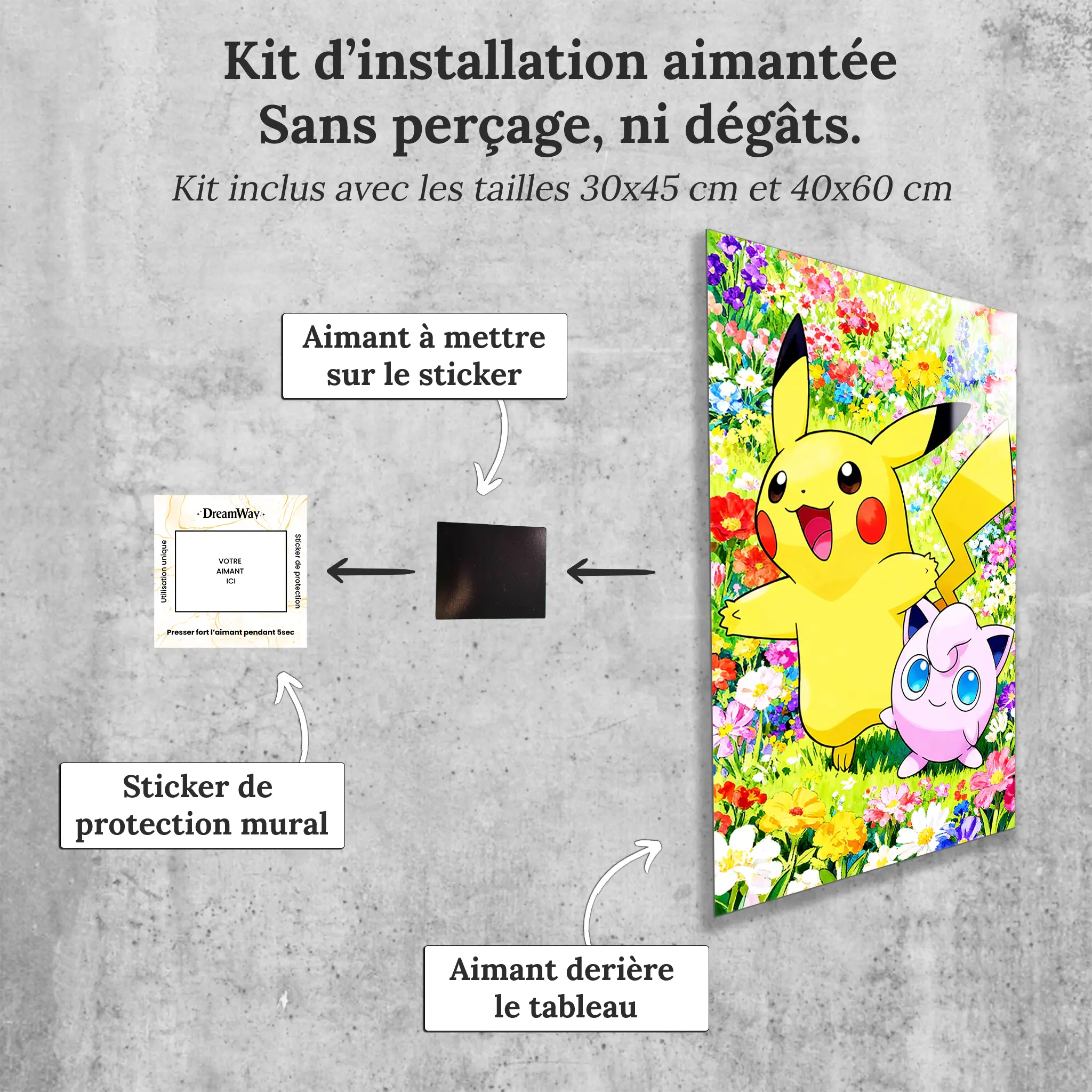 tableau-pokemon-rondoudou-et-pikachu-fleurie-avec-installation-aimantee | DreamWay