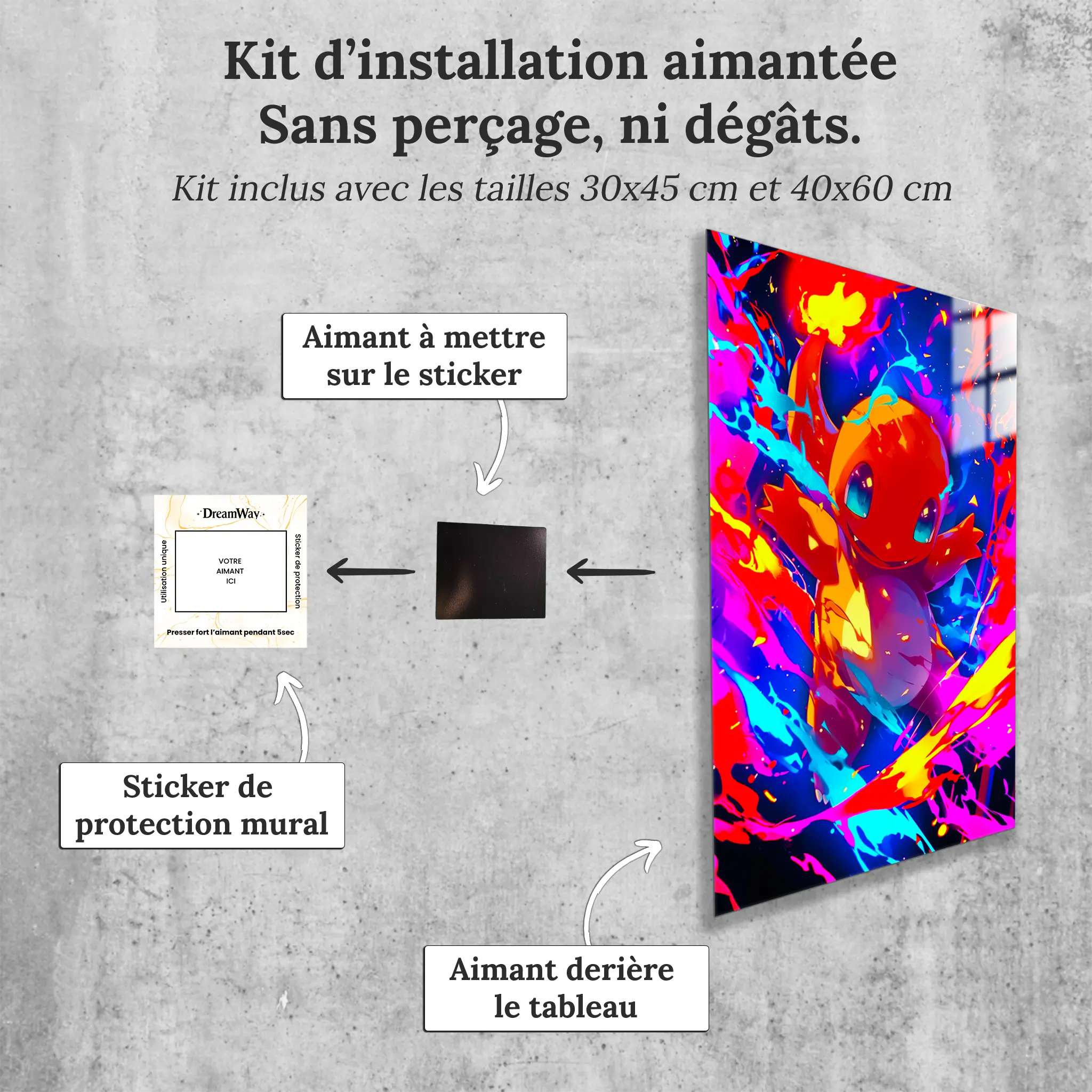 tableau-pokemon-salameche-colore-avec-installation-aimantee | DreamWay