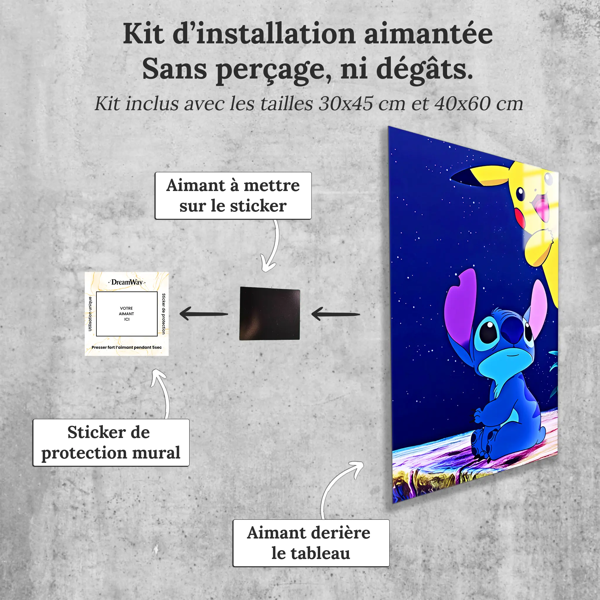 tableau-pokemon-stitch-et-pikachu-nuit-etoile-avec-installation-aimantee | DreamWay