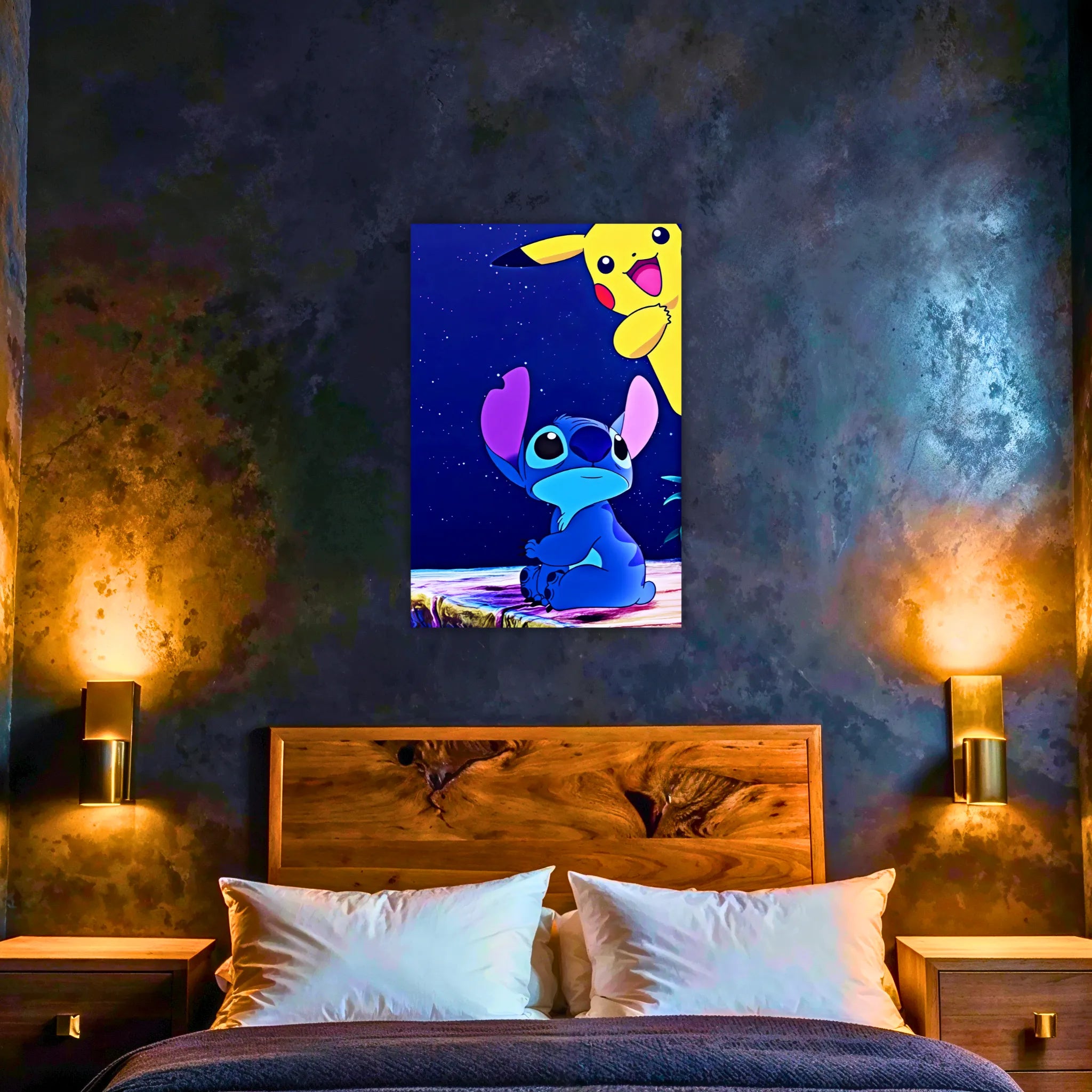 Tableau Pokémon Stitch Et Pikachu Nuit Étoilée