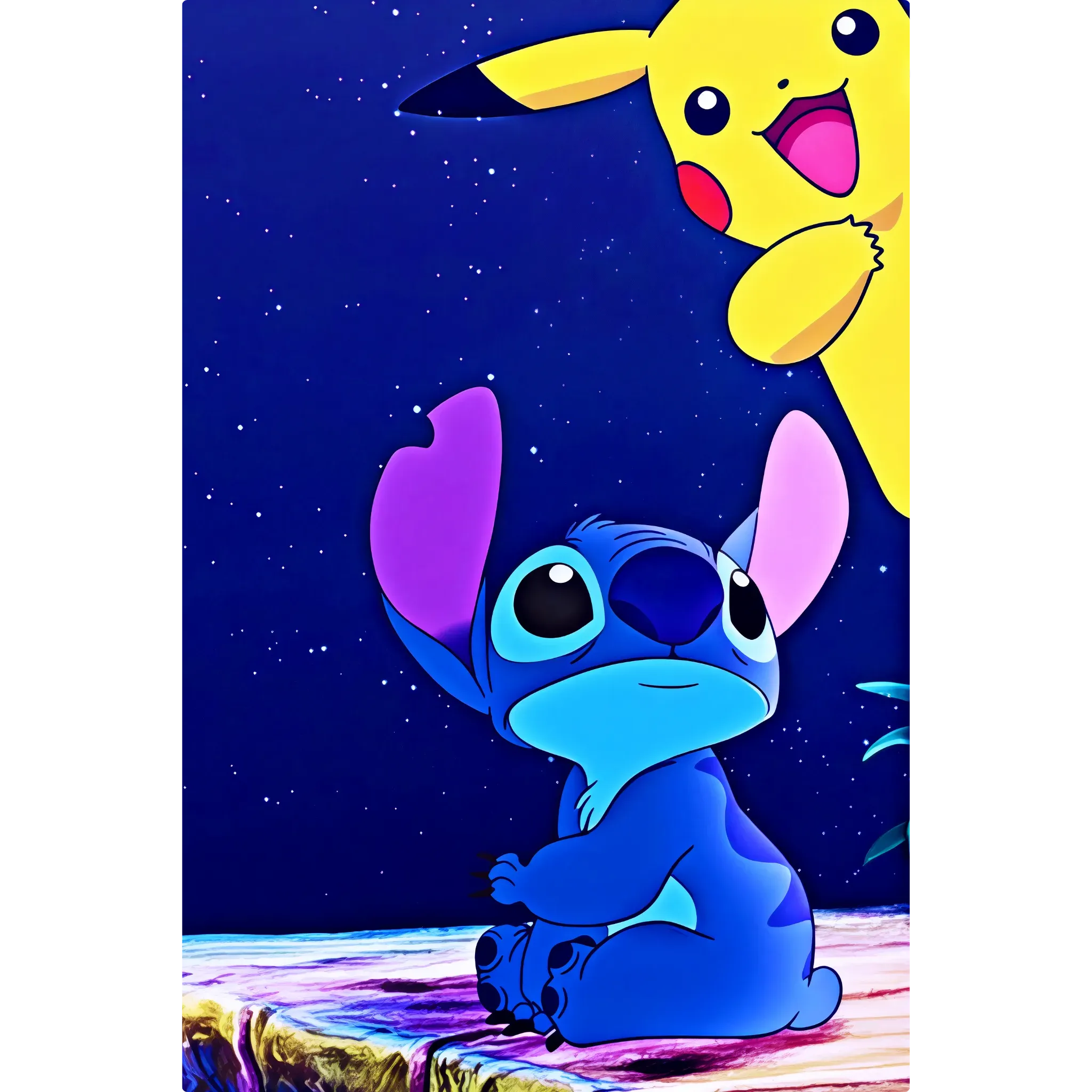 Tableau Pokémon Stitch Et Pikachu Nuit Étoilée
