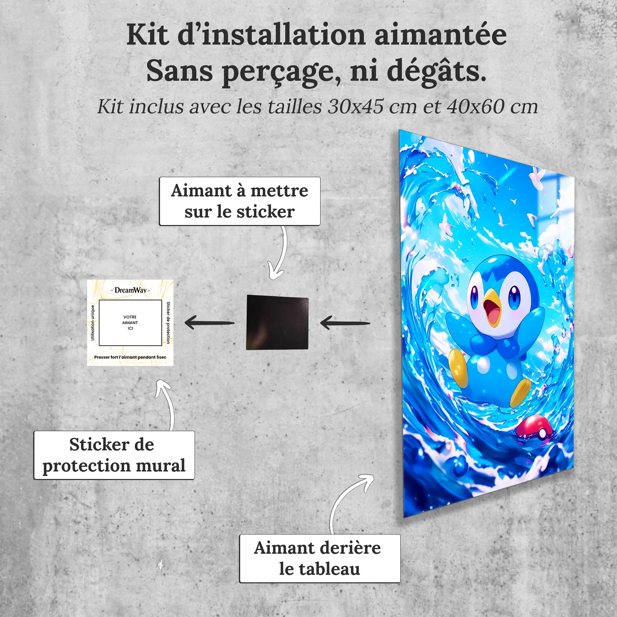 tableau-pokemon-tiplouf-dans-l-eau-avec-installation-aimantee | DreamWay
