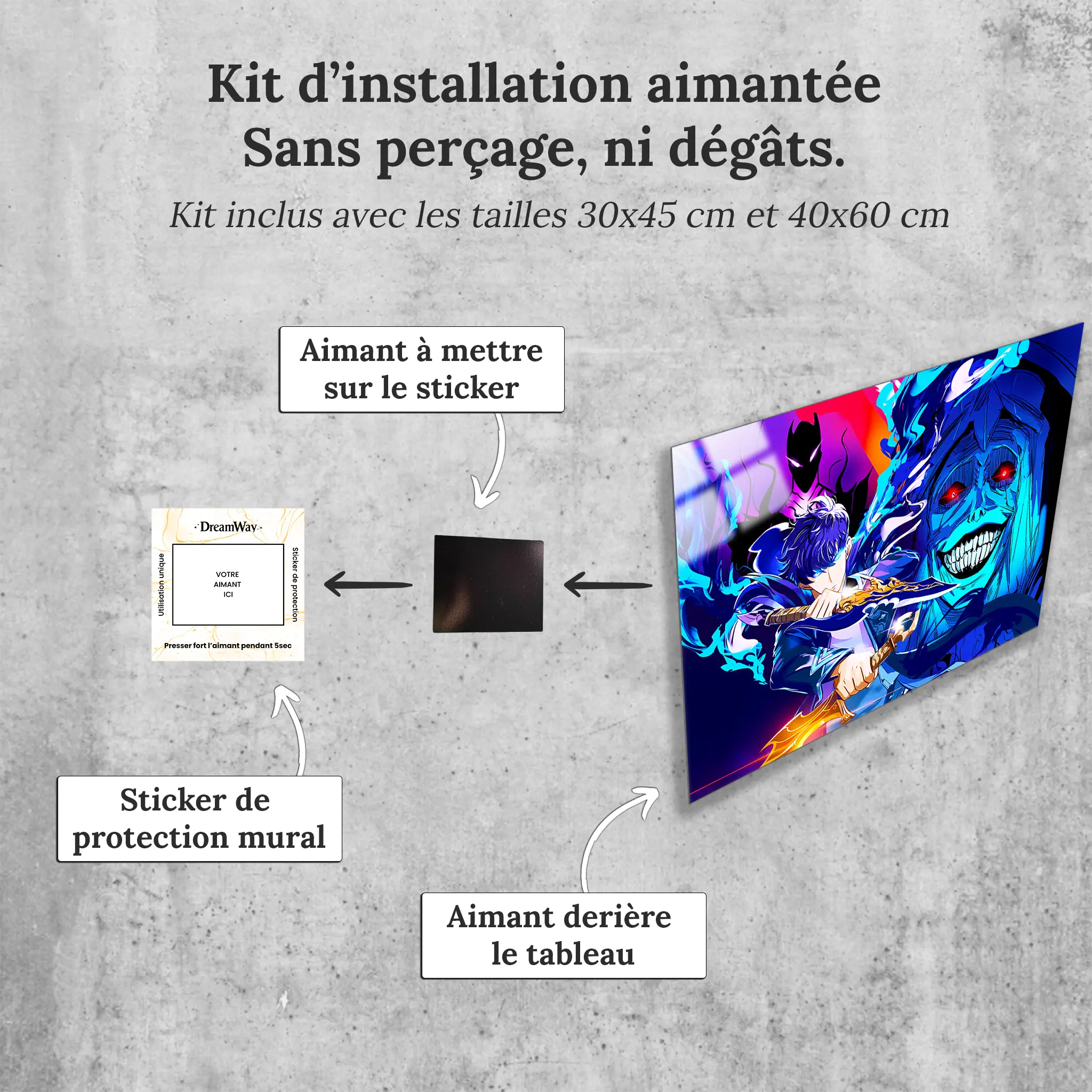 tableau-solo-leveling-jin-woo-et-la-statue-de-dieu-avec-installation-aimantee | DreamWay