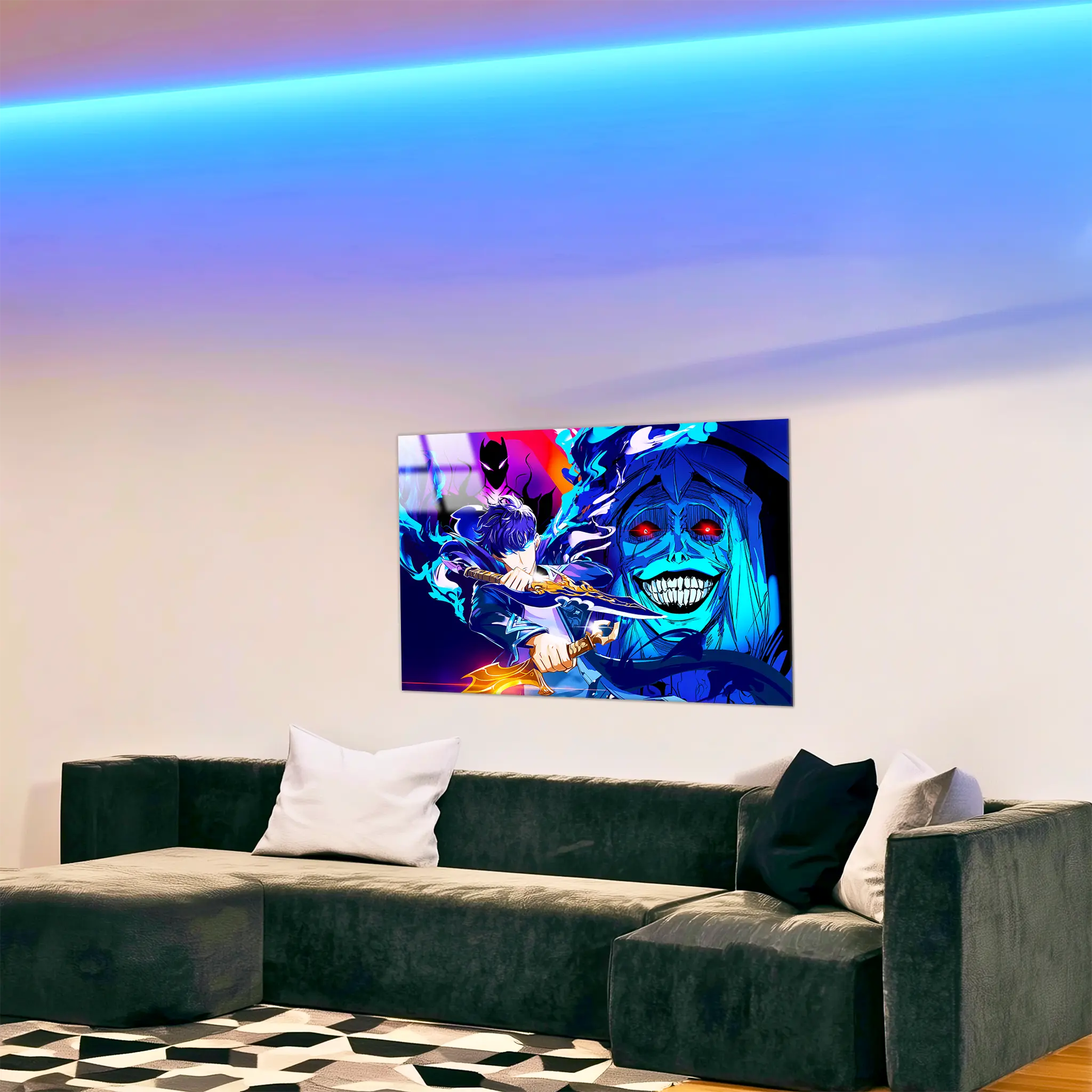 tableau-solo-leveling-jin-woo-et-la-statue-de-dieu-dans-le-salon | DreamWay