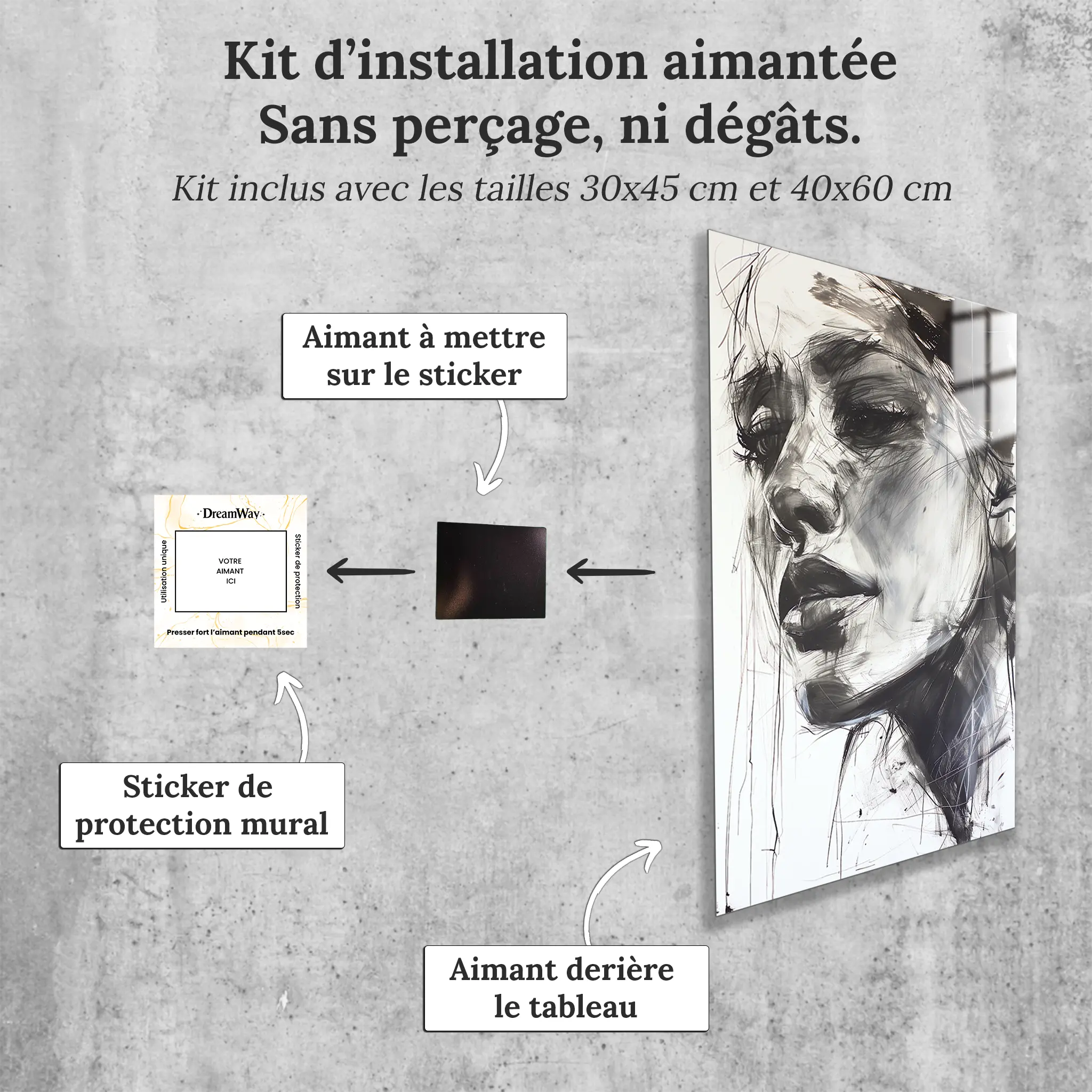 tableau-visage-abstrait-noir-et-blanc-avec-installation-aimantee | DreamWay