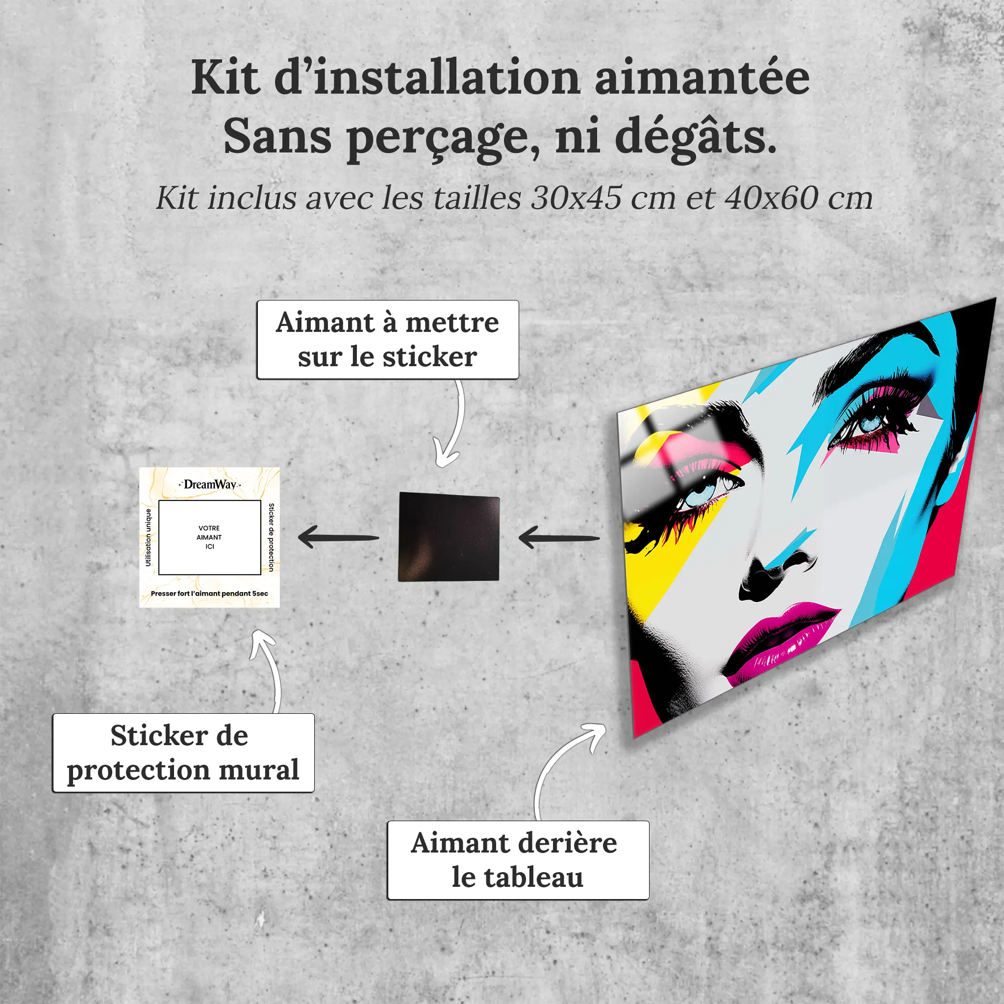 tableau-visage-femme-pop-art-avec-installation-aimantee | DreamWay
